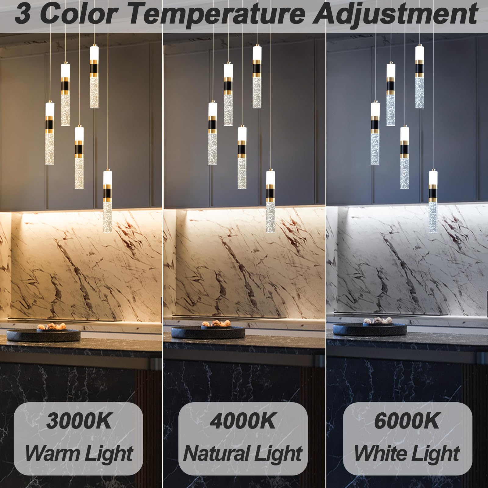 3-Light LED Pendant Lights Kitchen Island, 3-Light Cluster Pendant Lighting, Dimmable LED Modern Pendant Lights Kitchen Island, Pendant Lighting for Dining Room Table