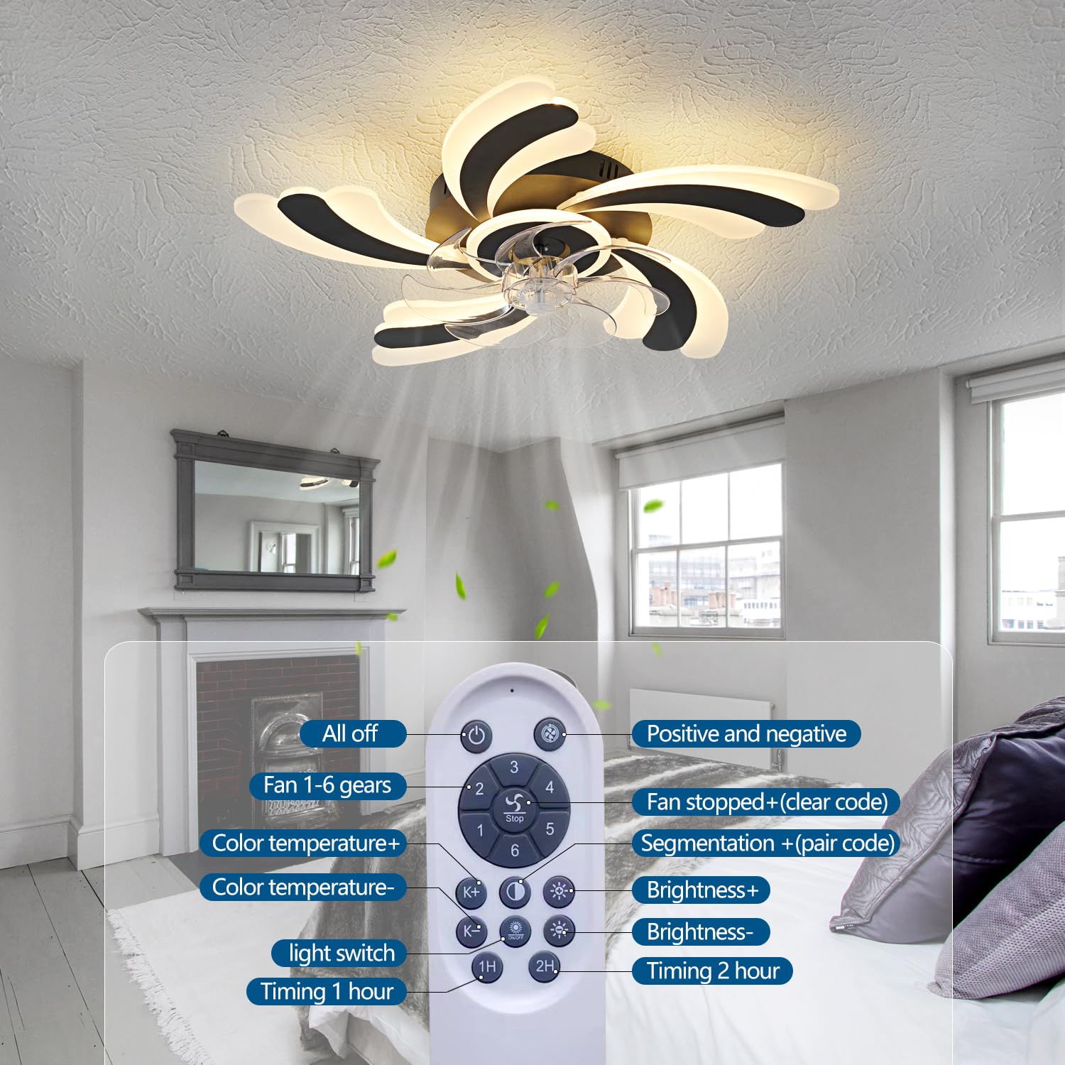 Ceiling Fan with Lights Remote Control, 24" Black, 6 Speeds 3 Light Color Low Profile Flush Mount Ceiling Fan for Kitchen Bedroom