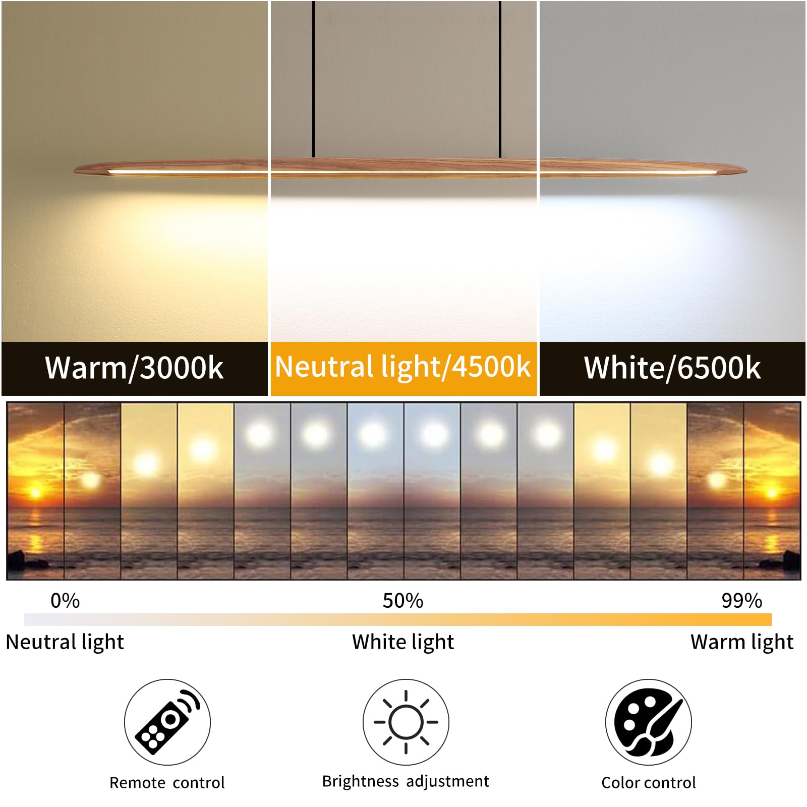 Wooden Linear Pendant Light, 47" Dimmable Pool Table Island Lights for Kitchen, LED Ceiling Pendant Lamp for Dining Room Billiard Room, Adjustable Height，Natural Ash