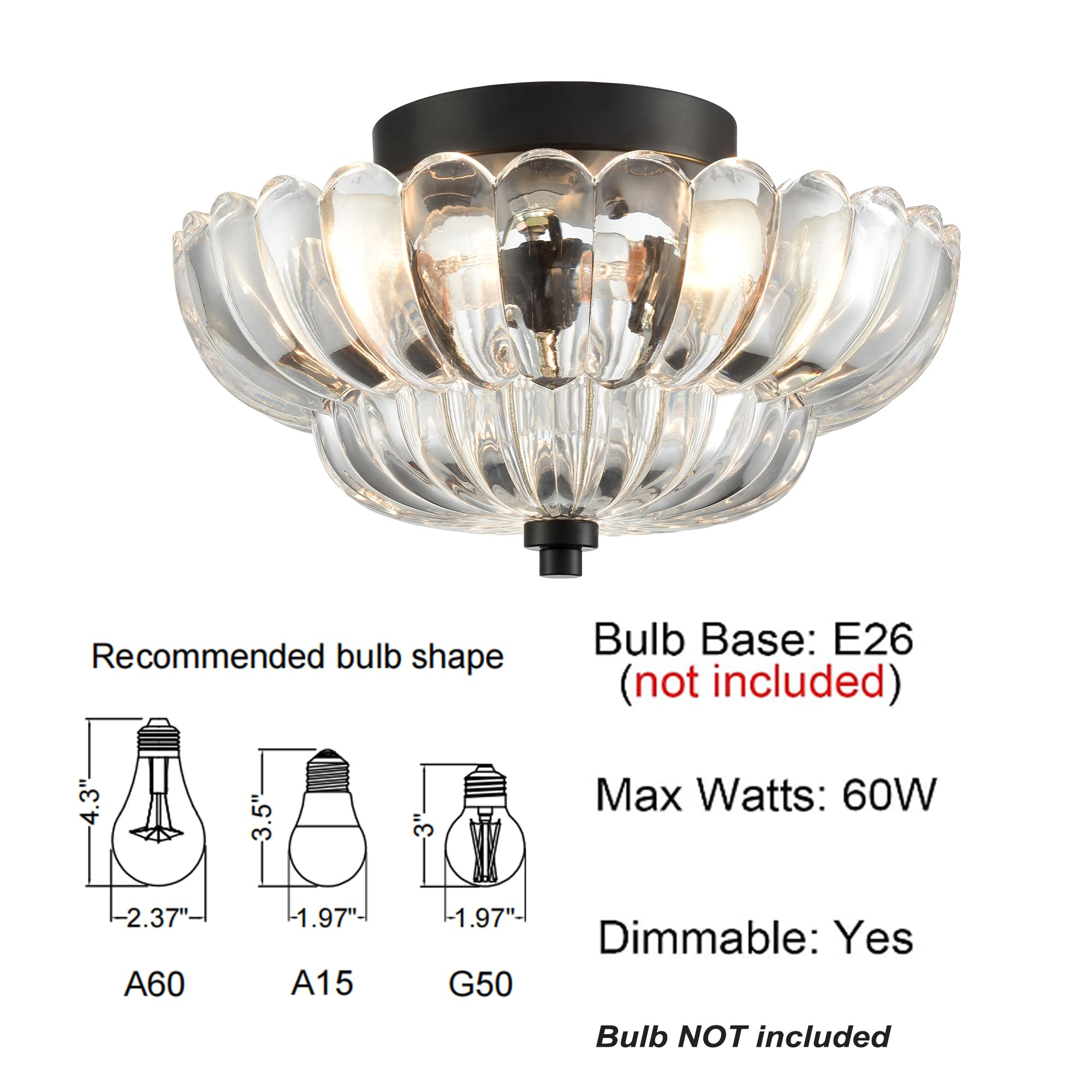 Modern Black Ceiling Light Traditional Semi Flush Mount Ceiling Light with Scalloped Clear Glass for Living Room Hallway Close to Ceiling Light Fixture