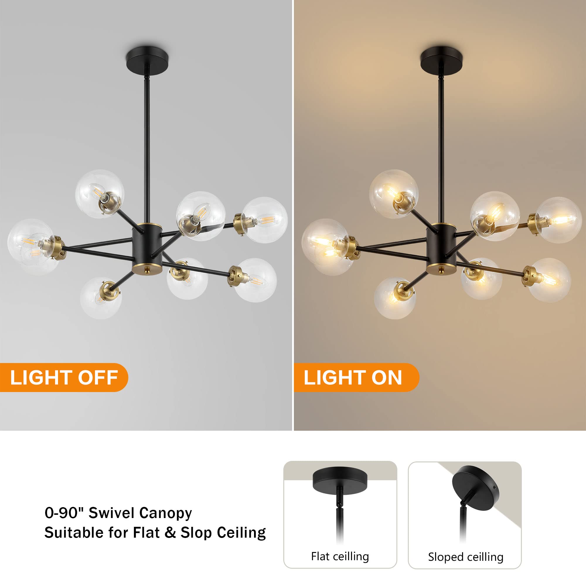 6-Light Sputnik Chandelier, Modern Pendant Light Fixture with 4.7" Clear Glass Globe Shade for Flat and Slop Ceiling, Height Adjustable for Kitchen Living Room Dining Room Bedroom, Black