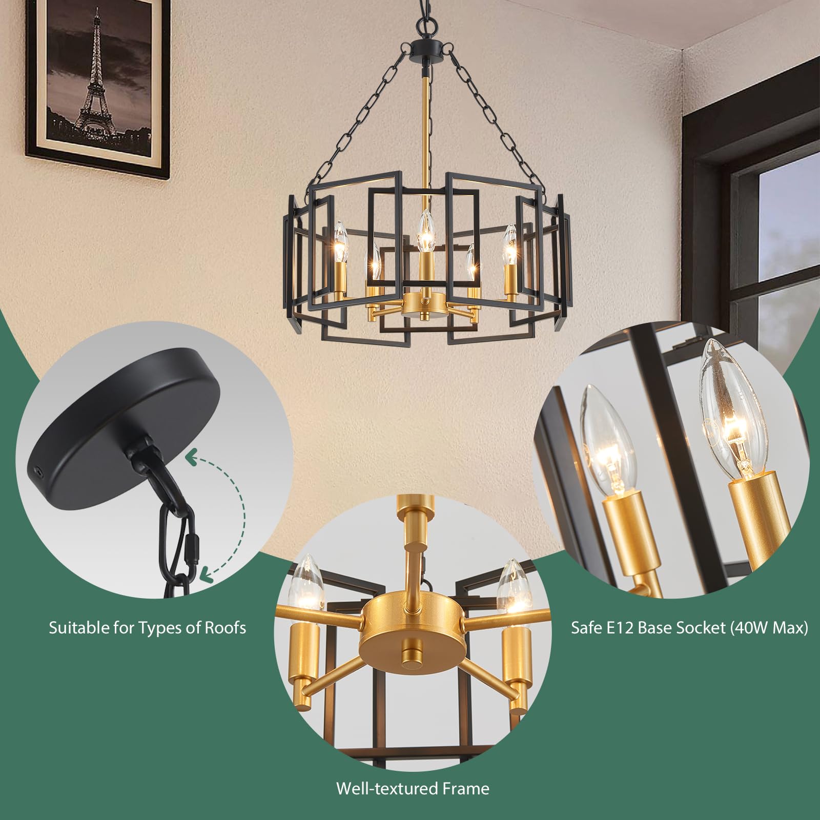 Gold Chandelier 5-Light Modern Kitchen Island Lighting Fixtures, Farmhouse Pendant Light 20 inches Retro Height Adjustable Ceiling Light for Dining Room, Bedroom, Living Room,Foyer