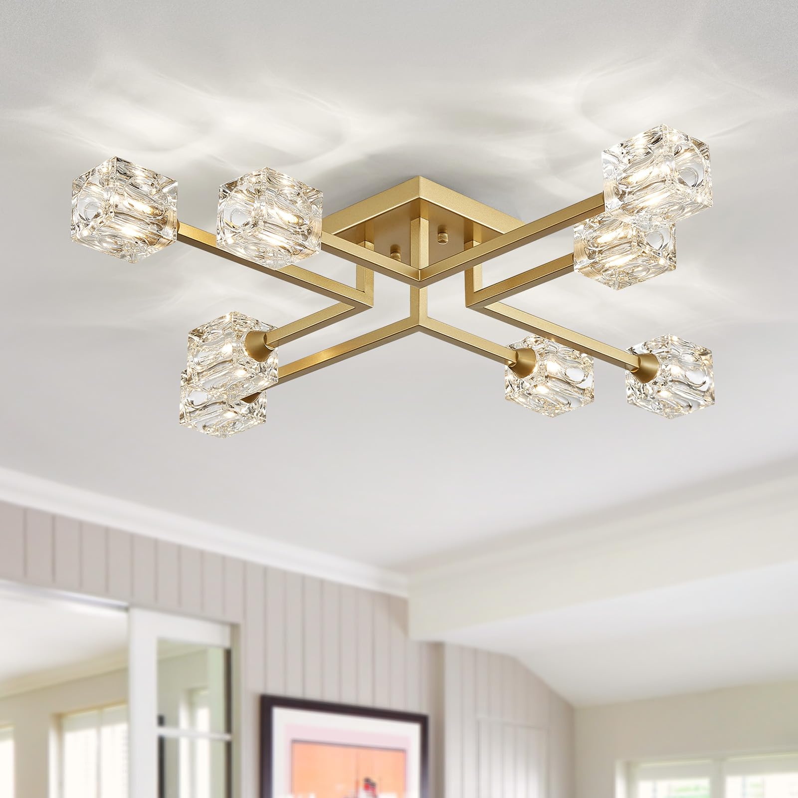 8-Light Semi Flush Mount Ceiling Light Fixture Modern Antique Gold Sputnik Chandeliers Fashion Lighting for Bedroom Dining Room Farmhouse Kitchen Office