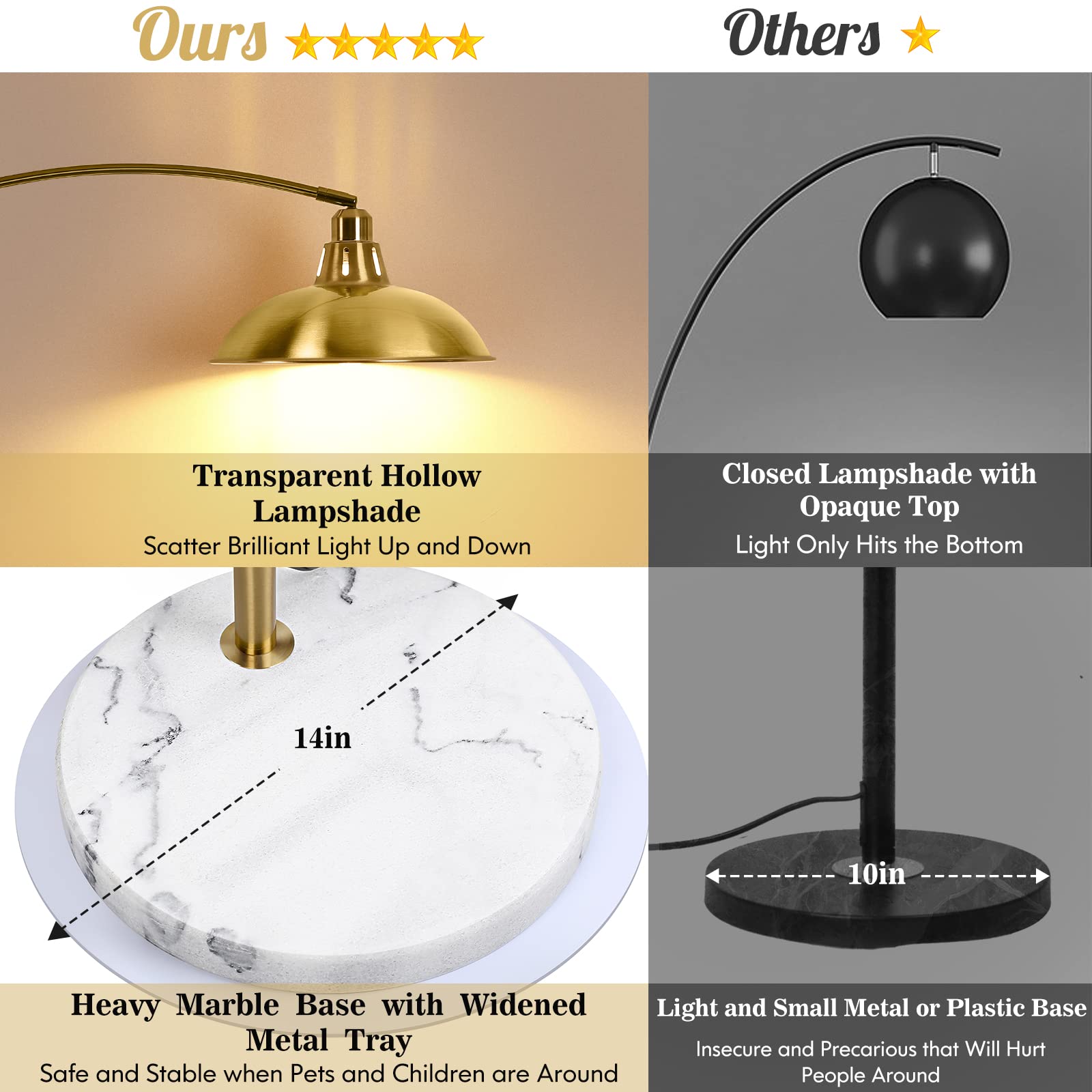 Arc Floor Lamp for Living Room, Marble Base Standing Lamp - Black Gold Floor Lamps with 360° Rotatable Arm, Industrial Tall Lamp Metal Material, Reading Lamp for Bedroom Couch Sofa Desk