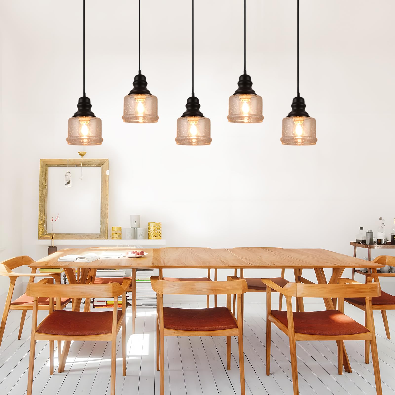 WILON Industrial Pendant Lighting, Pendant Lights for Kitchen Island 3 Light Glass Pendant Light Fixture with Seeded Glass Shade, Adjustable Cord Farmhouse Ceiling Light Black finish Linear Chandelier