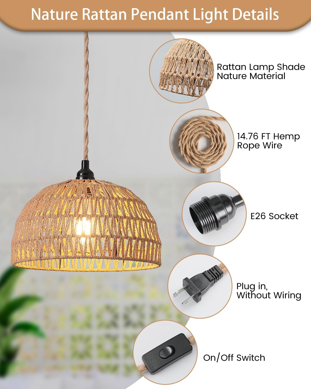 Rattan Hanging Lamp,Boho Pendant Lights,Plug in Cord Hanging Rattan Light,Plug Into Wall Outlet Pendant Light Fixture On/Off Switch for Living,Dinner Room,Bedroom,Kitchen,for E26,without Bulb