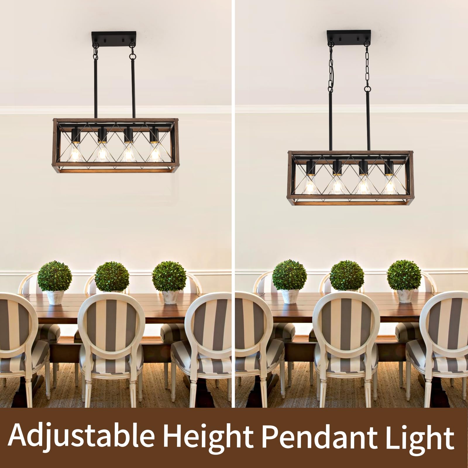 KEESFU 5-Light Dining Room Light Fixture, Farmhouse Kitchen Island Lighting,Adjustable Height Pendant Light, Rustic Linear Chandelier for Kitchen, Dining Room Table, Pool Table. (Wood Grain Color)