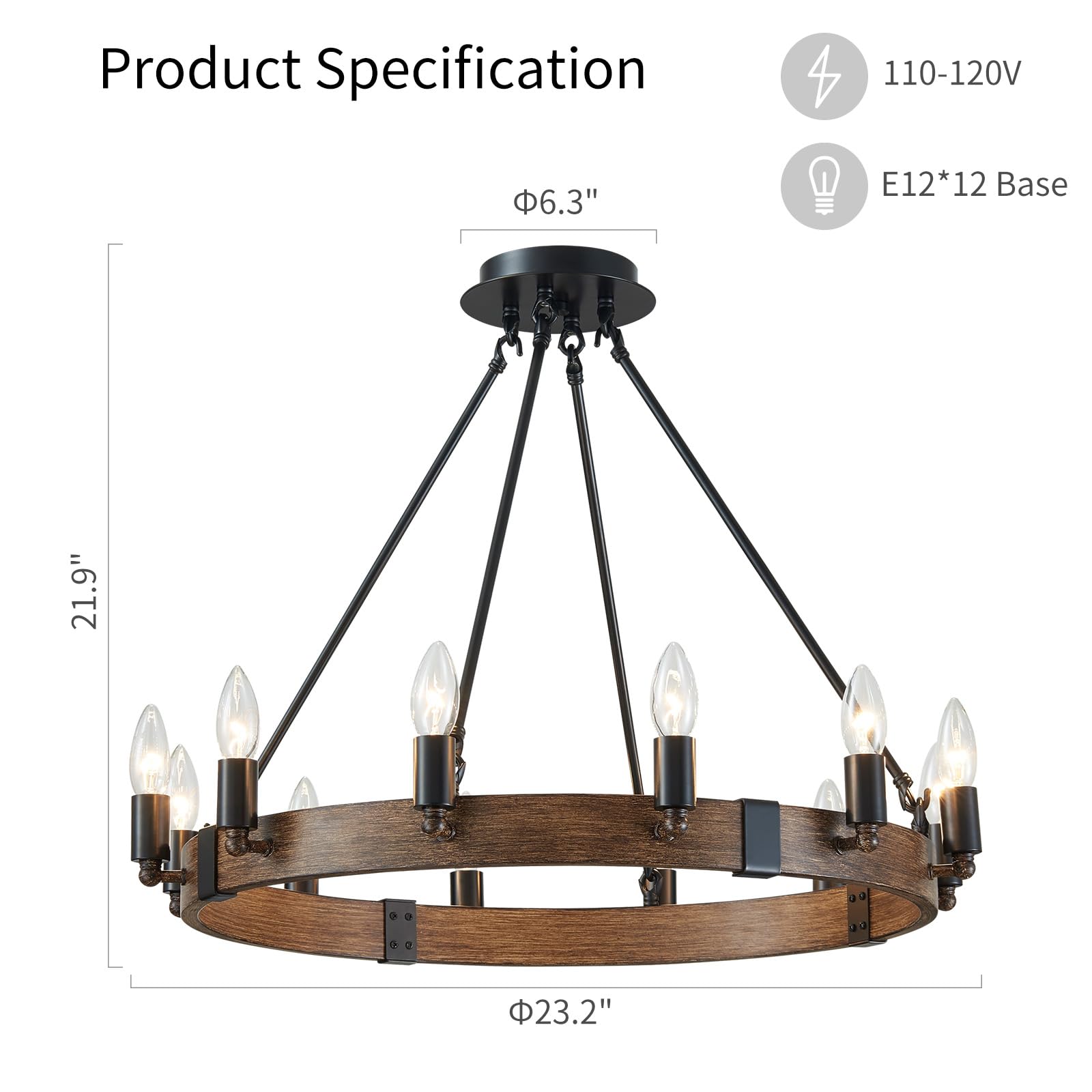 5-Light Wagon Wheel Chandelier Rustic Farmhouse Industrial Round Pendant Light Fixture with Clear Seeded Glass Shades for Dining Room Kitchen Island, H 20.5" x W 26.2", E12 Base, Gold