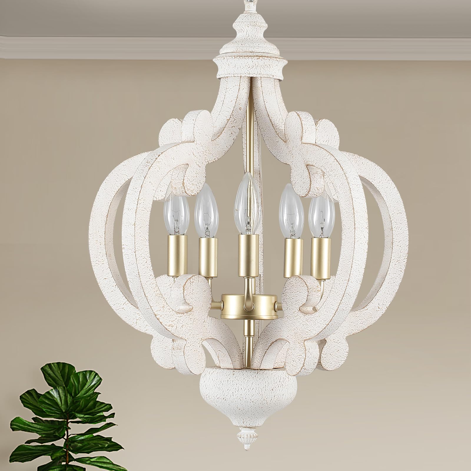 Wooden Farmhouse Antique White Chandelier, 5 Lights Cottage Lighting Fixture Industrial French Country Chandelier Hanging Ceiling Lamp for Kitchen Island Dining Room Bedroom Foyer Hallway