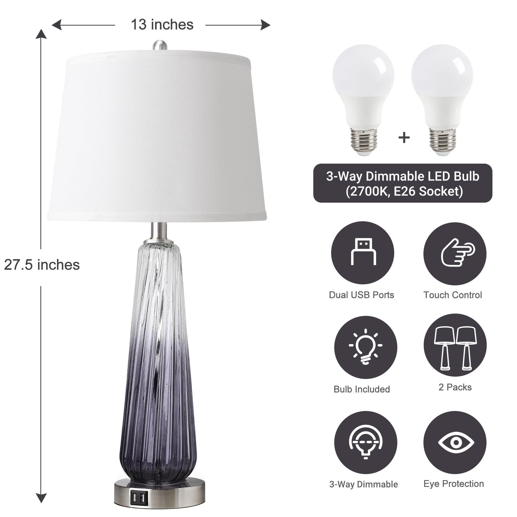 Table Lamps for Living Room with Touch Control, 3-Way Dimmable Bedside Lamps with 2 USB Ports, Modern Glass Nightstand Lamp with White Fabric Shade, 27.5" Large Lamps for Home Bedrooms Decorations