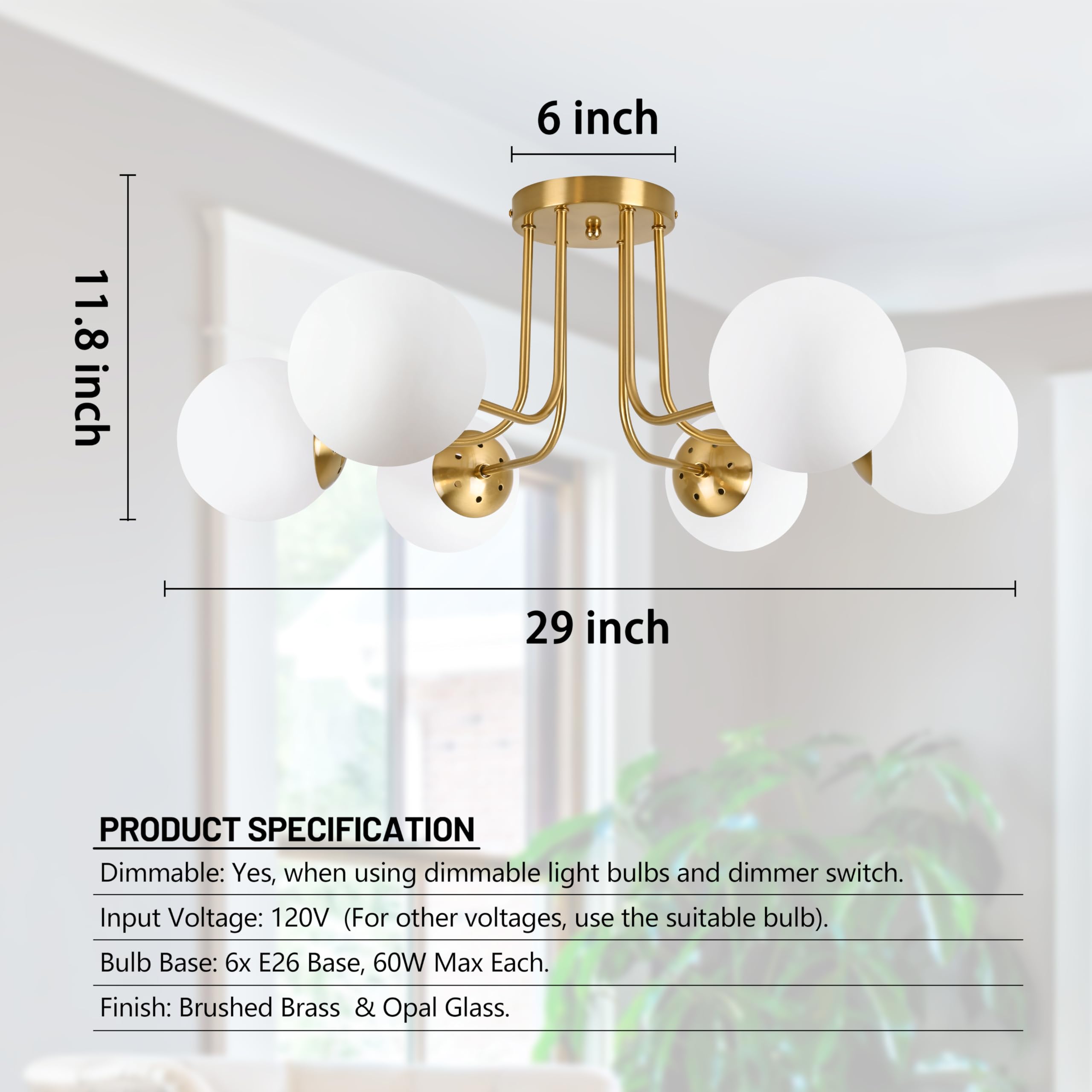 KoKo&Yukina 3-Light Semi Flush Mount Ceiling Light Globe Ceiling Light Mid Century Ceiling Light with Opal Milk Glass Globe & Brushed Brass for Bedroom Hallway Entryway Kitchen Living Room-Bulb Incl