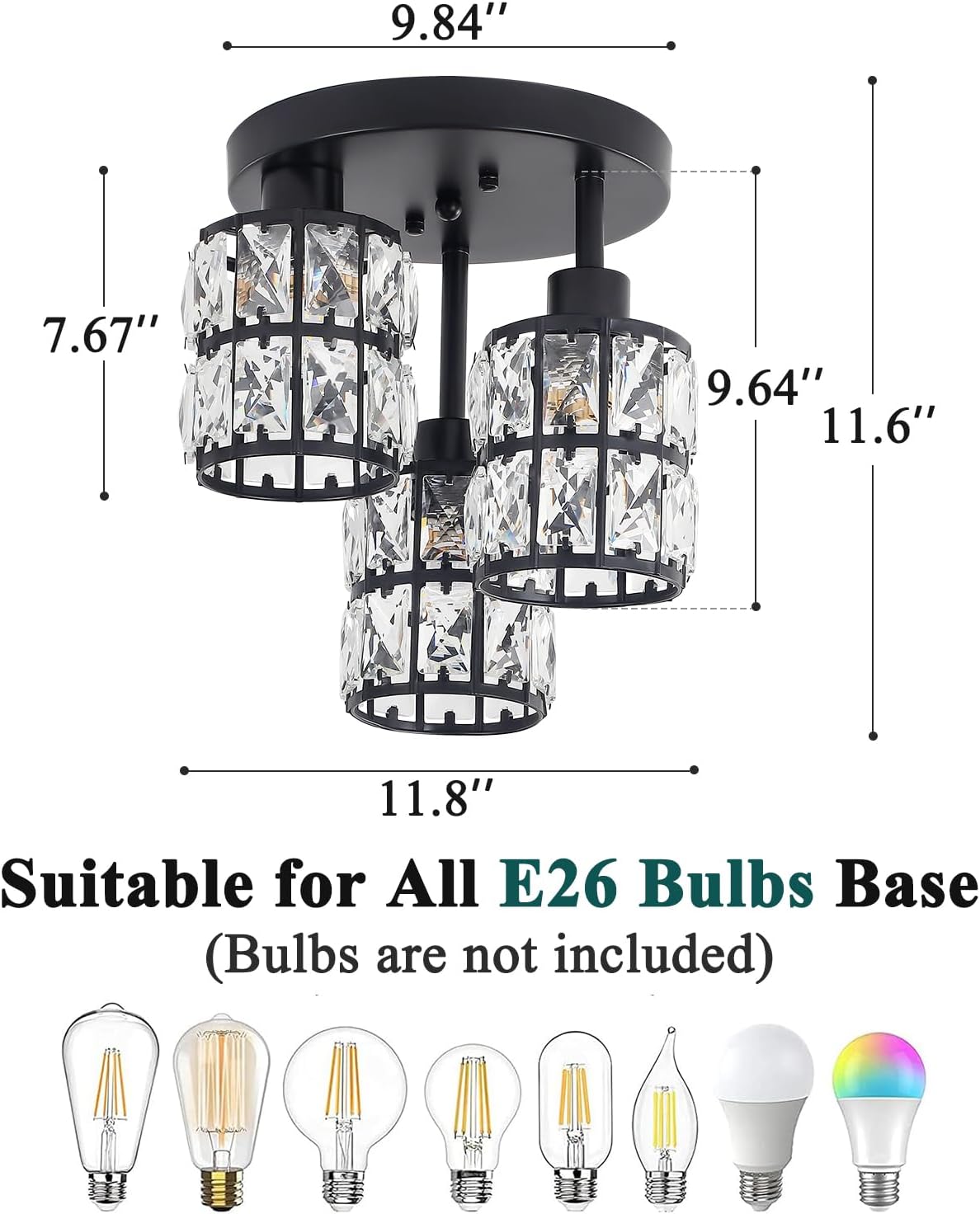 Crystal Semi Flush Mount Ceiling Light, 3-Light Close to Ceiling Light Fixture Black Small Crystal Ceiling Lighting Modern Crystal Chandeliers for Kitchen Dining Room Entryway Bedroom Hallway