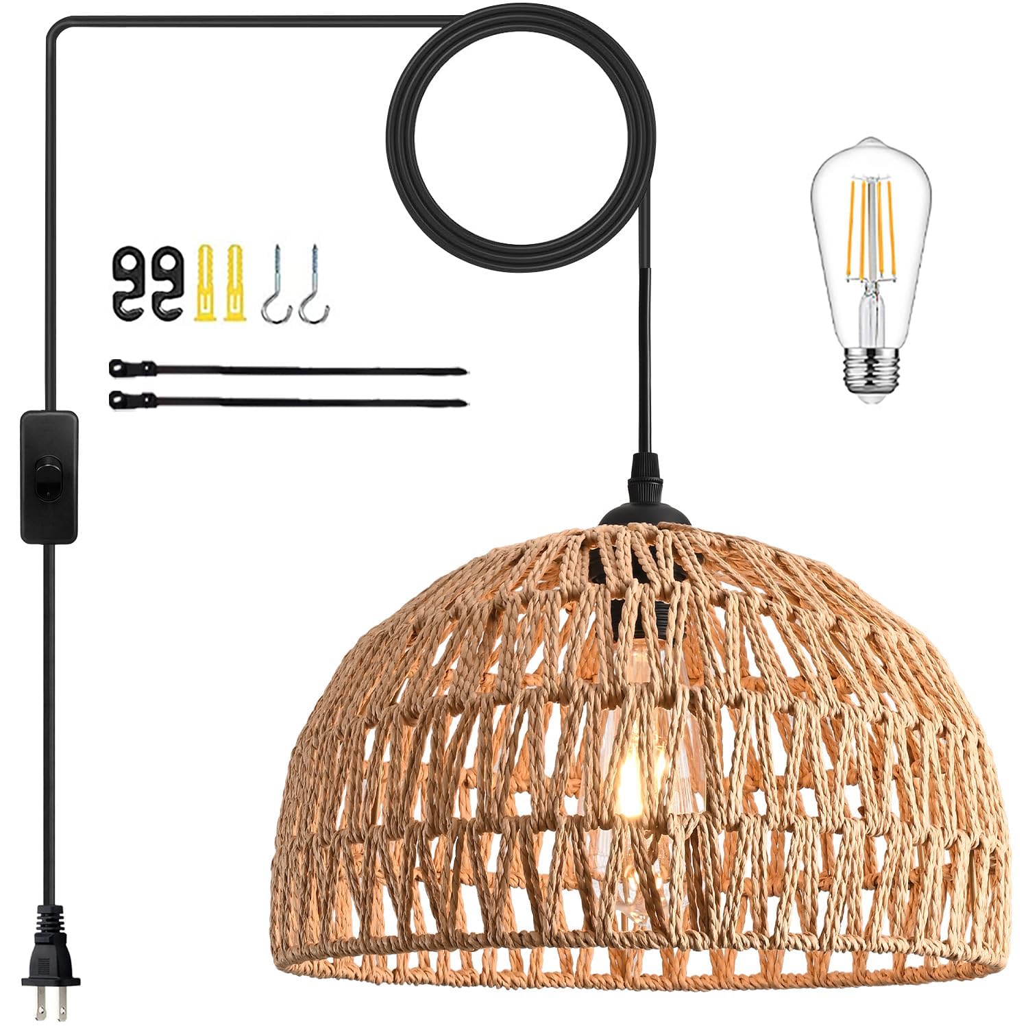 Mini Hemp Rope Woven Pendant Light Woven Light Fixture Boho Chandelier Light Fixture Wicker Pendant Light Rattan Light Pendant Dome Wicker Chandelier for Bedroom Kitchen Island(Bulb Incl.)