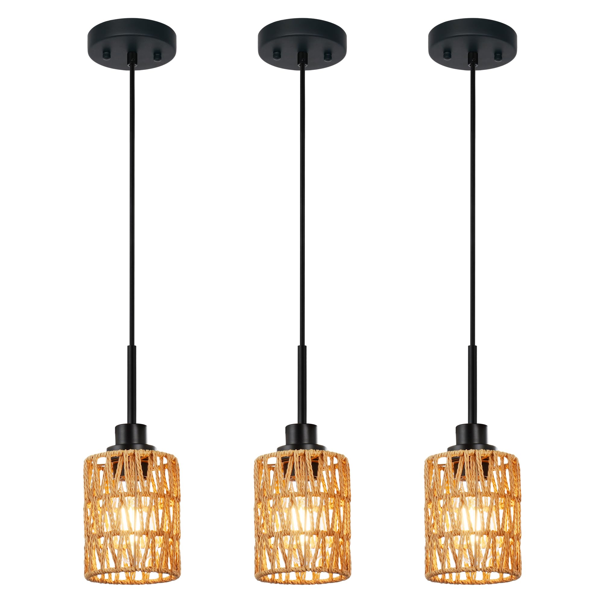 2 Pack Rattan Hanging Light Fixture Boho Pendant Light Black Adjustable Dining Table Light Fixture with Rattan Lamp Shade, Set of Two Mini Pendant Lighting for Kitchen Island Hallway Stair