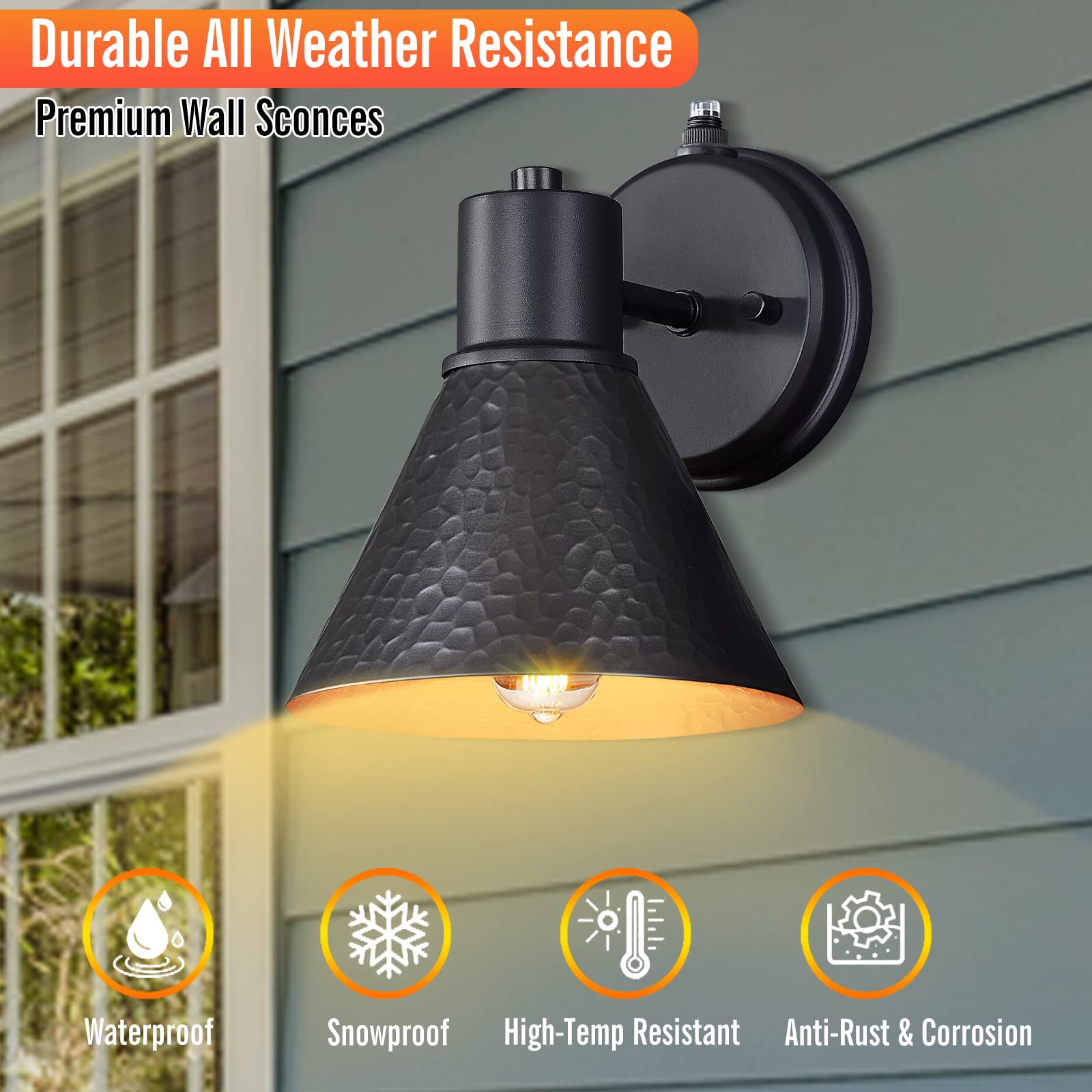 Outdoor Wall Sconces, 2-Pack Wall Lights Fixture, Exterior Farmhouse Porch Light with Hammered Metal Shade, Anti-Rust Waterproof Black Outside Barn Light for Front Porch Patio Garage Gazebo House