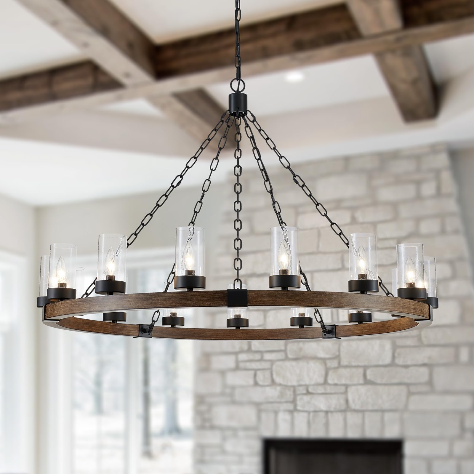 5-Light Wagon Wheel Chandelier Rustic Farmhouse Industrial Round Pendant Light Fixture with Clear Seeded Glass Shades for Dining Room Kitchen Island, H 20.5" x W 26.2", E12 Base, Gold