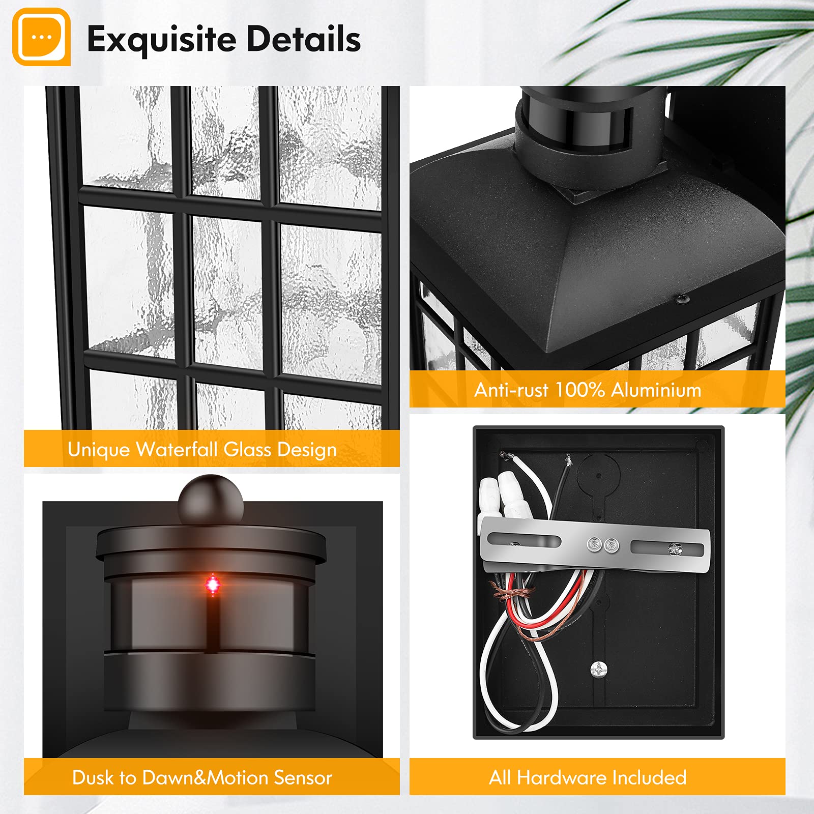 2-Pack Outdoor Wall Lantern, Exterior Light Fixtures Wall Mount with Photocell Sensor, Black Wall Light Waterproof, Waterfall Glass Outside Wall Sconce for Porch House Garage