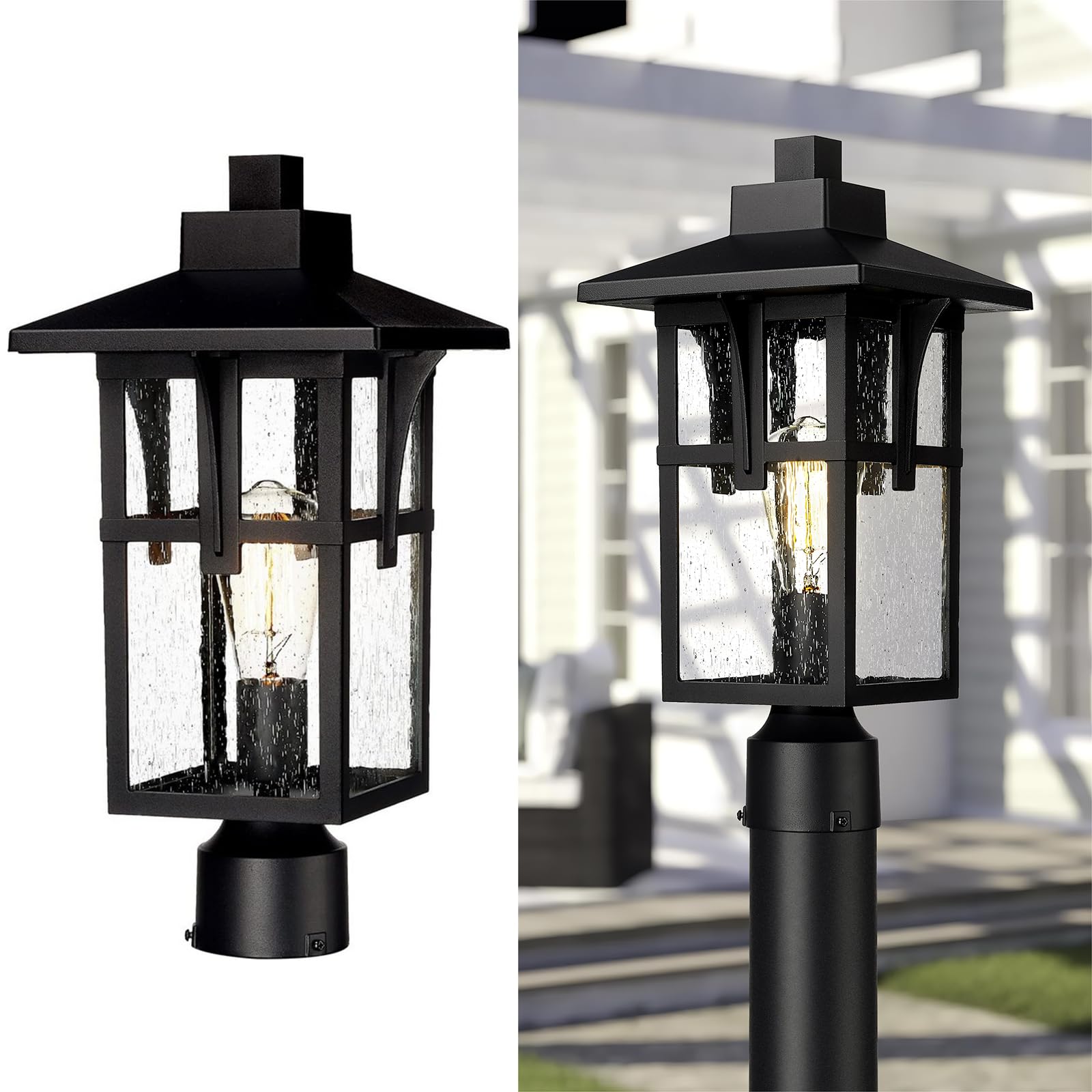 Exterior Ceiling Pendant Light for Hallway Porch, Modern Outdoor Hanging Light, Black Finish with Seeded Glass, ZX1H BK