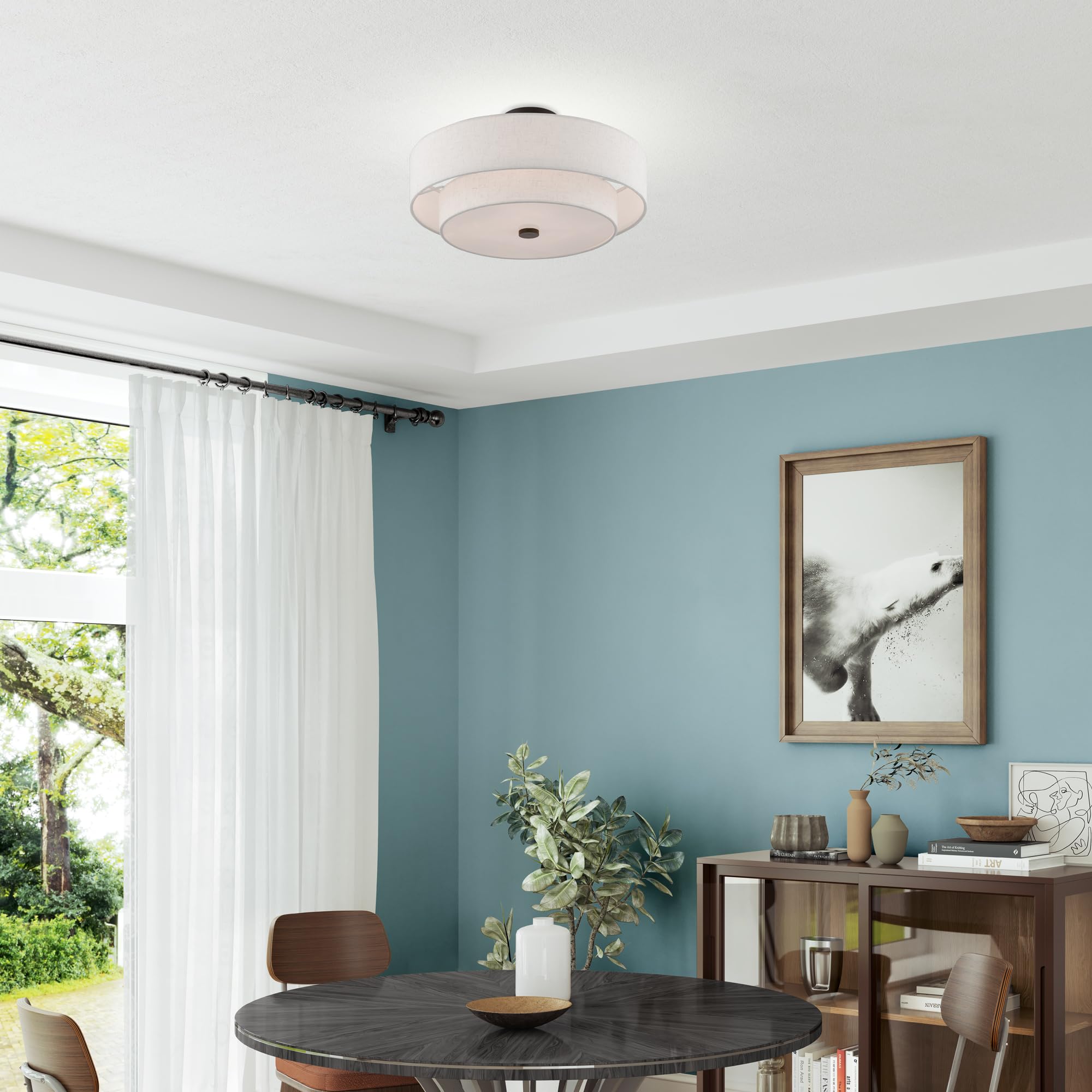 Lighting 51085-92 4-Light Semi Flush Mount Ceiling Fixture with Oatmeal Color Fabric Hardback Drum Shade and Satin White Diffuser, English Bronze