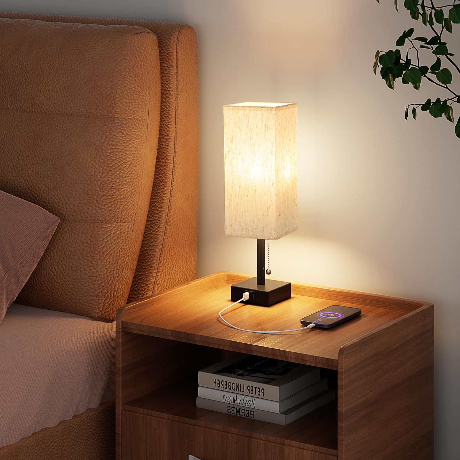 Small Table Lamp for Bedroom - Bedside Lamps for Nightstand, Minimalist Night Stand Light Lamp with Square Fabric Shade, Desk Reading Lamp for Kids Room Living Room Office Dorm