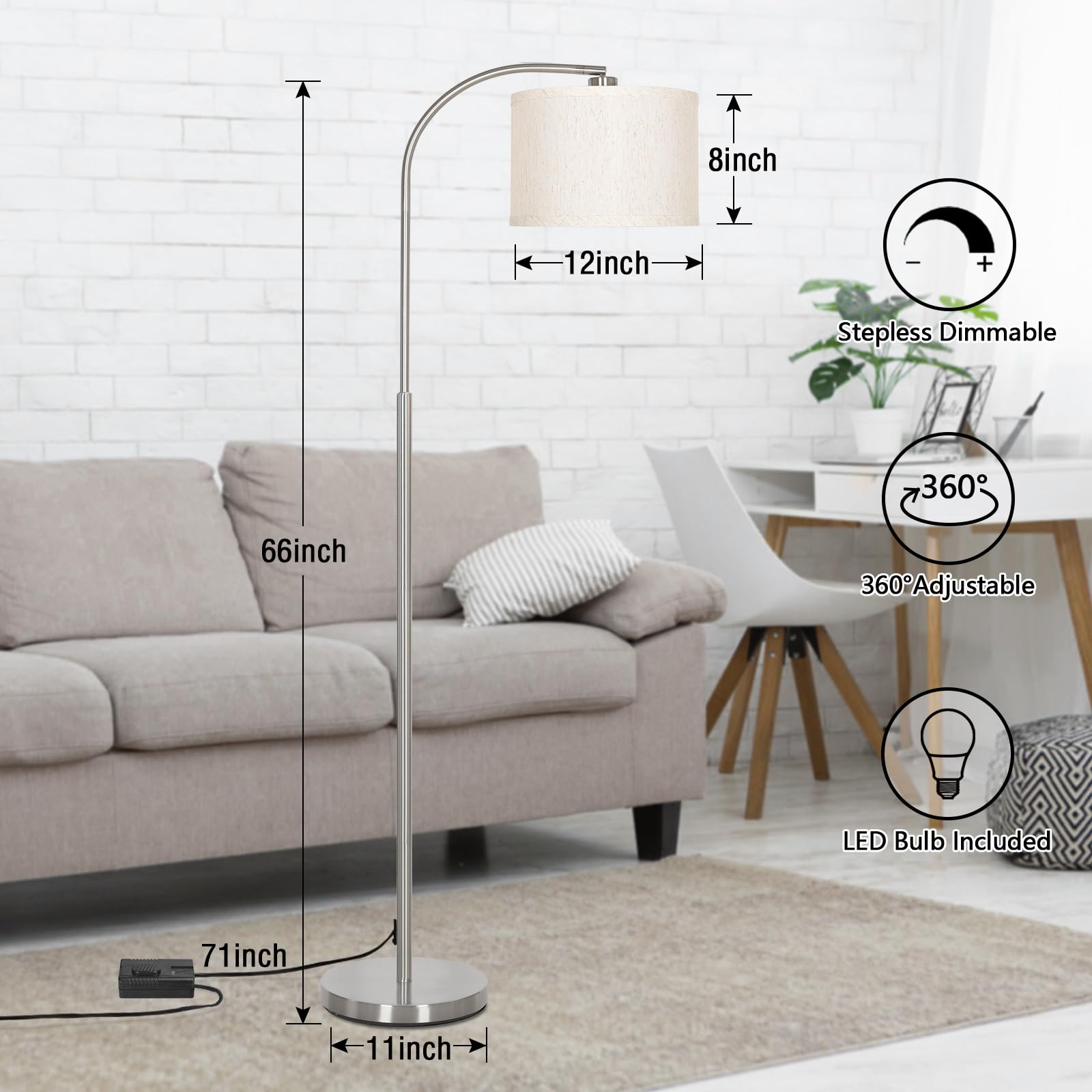 LED Floor Lamp Fully Dimmable Modern Standing Lamp Arc Floor Lamp with Adjustable Drum Shade, Gold Tall Pole Reading Lamp Corner Light for Living Room Bedroom Study Room, Bulb Included