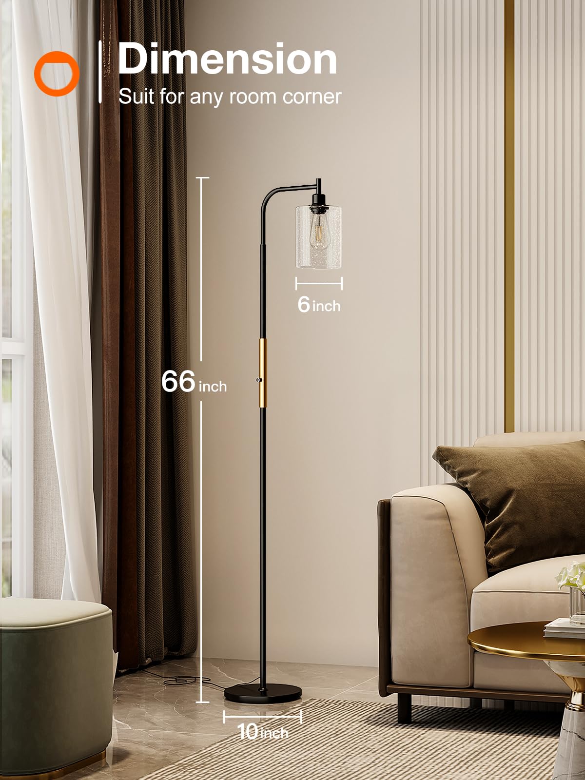 Floor Lamps for Living Room Bright Lighting with Glass lampshade, Modern Bright Floor Lamp with LED Bulbs Industrial Standing lamp for beroom, Tall Pole Lamps Office - Black