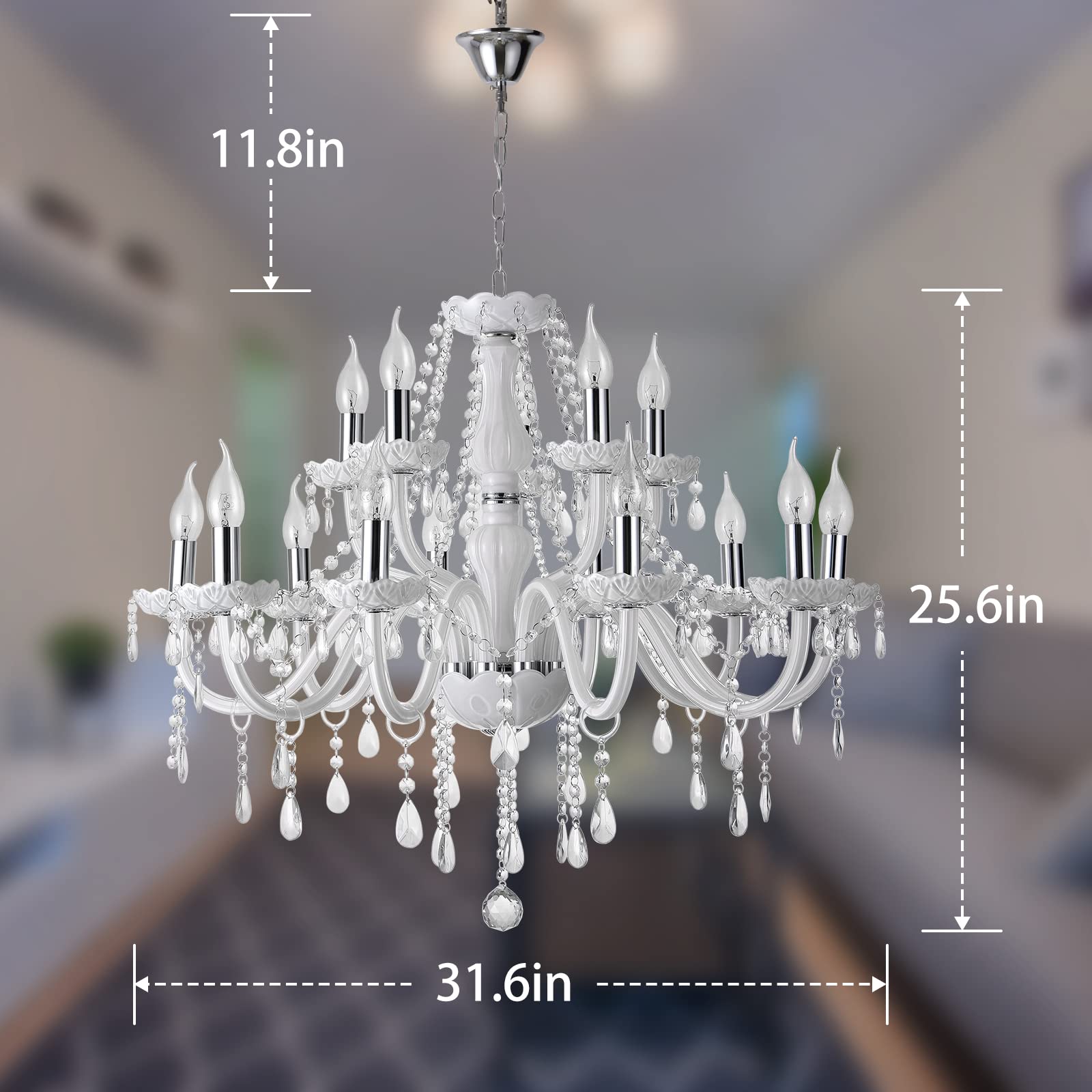 White Crystal Chandelier, 15-Light Crystal for Chandelier Elegant Raindrop Light Fixture Style Luxurious Candle Chandelier for Dining Room.