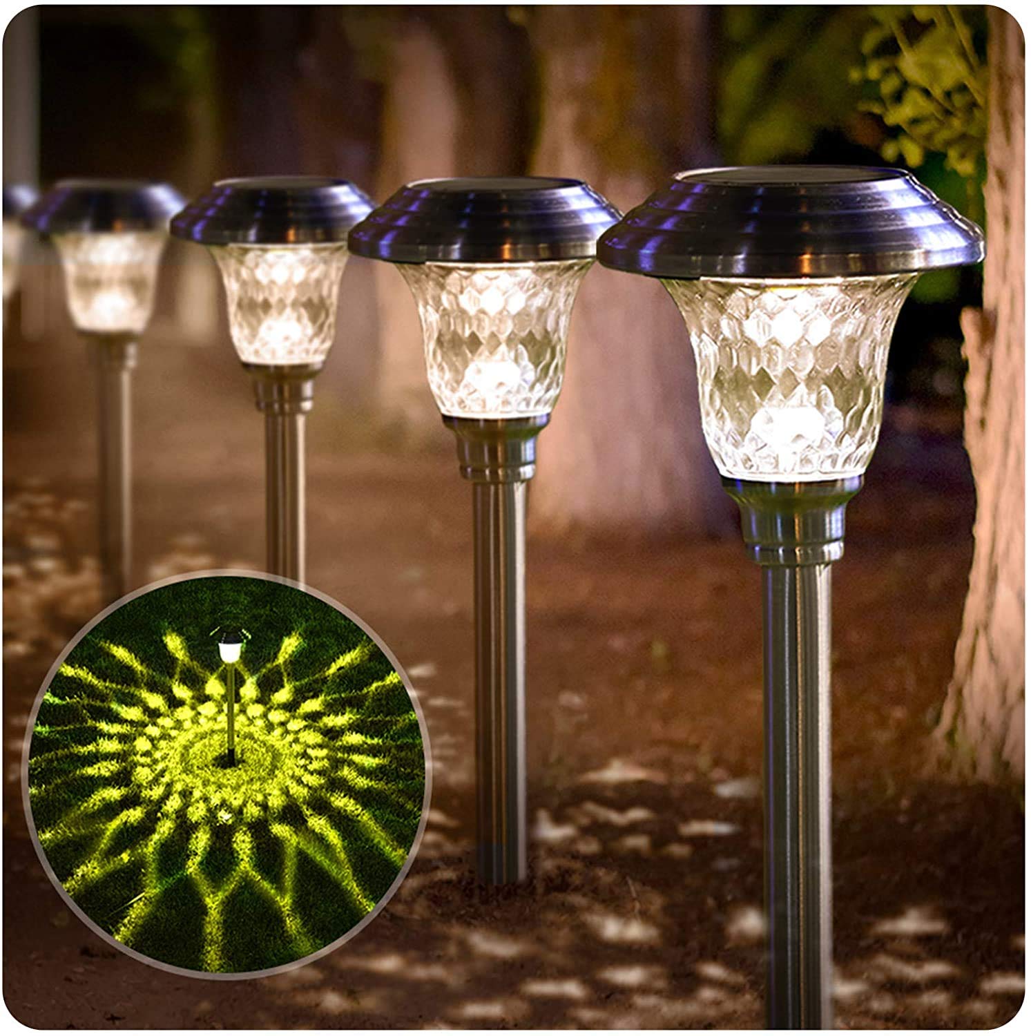 8 Pack Solar Pathway Lights Color Changing + Bright White Outdoor Garden Stake Glass LED Stainless Steel Waterproof Landscape Path Lighting for Yard Walkway Driveway Outside Black