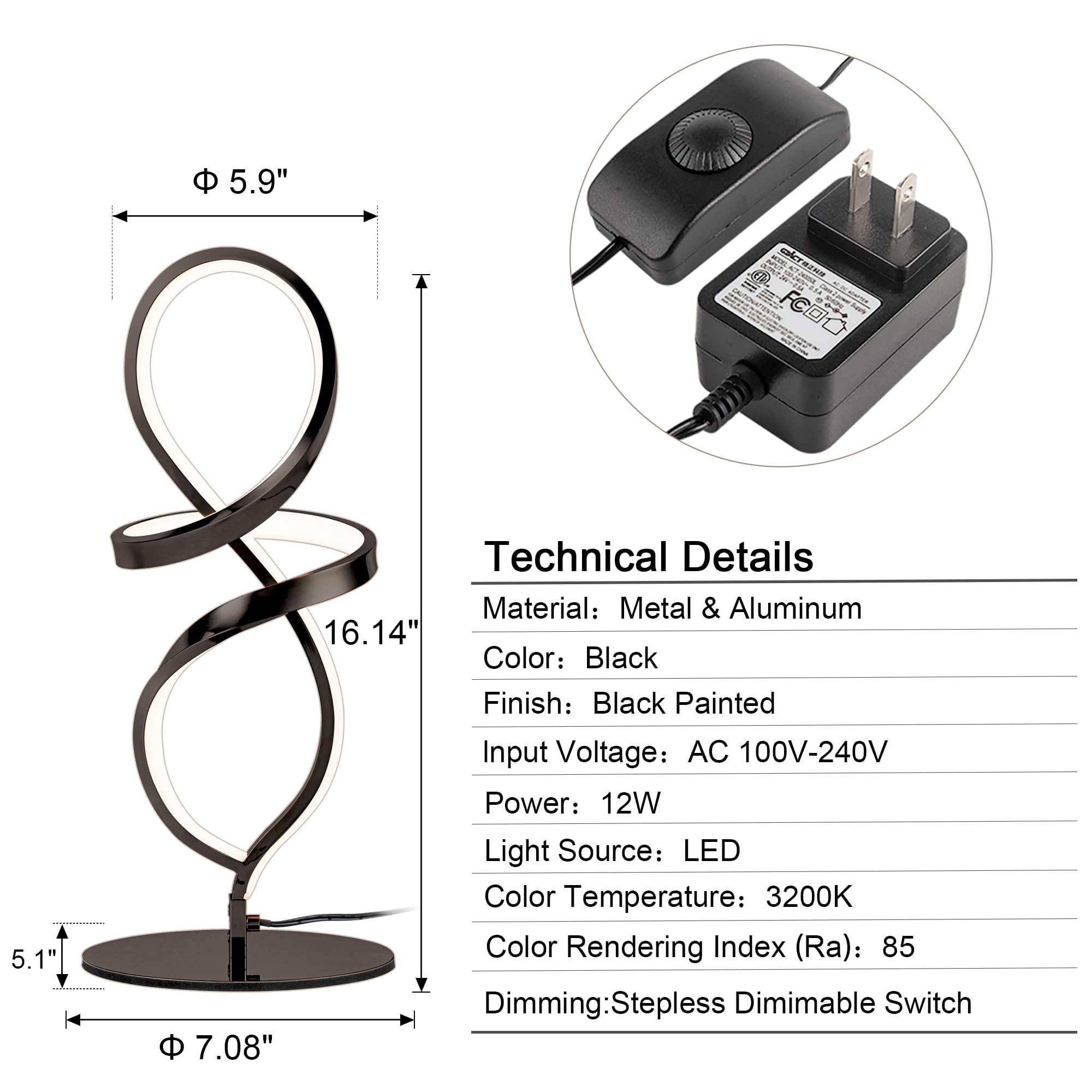 Modern Table Lamp, LED Spiral Lamp, Black Bedside Lamp with Stepless Dimming Switch, Contemporary Nightstand Lamp, LED Lamp for Bedroom Living Room Home Office, 12W, 3200K Warm White