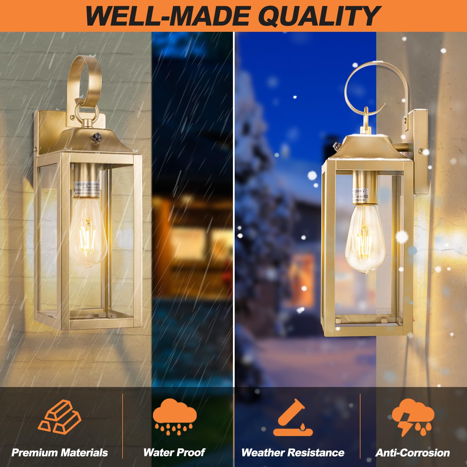 2 Pack Outdoor Light Fixtures Wall Mount, 15 Inch Gold Exterior Wall Sconces Waterproof, Large Outside Lights for House, Modern Wall Lanterns Clear Glass