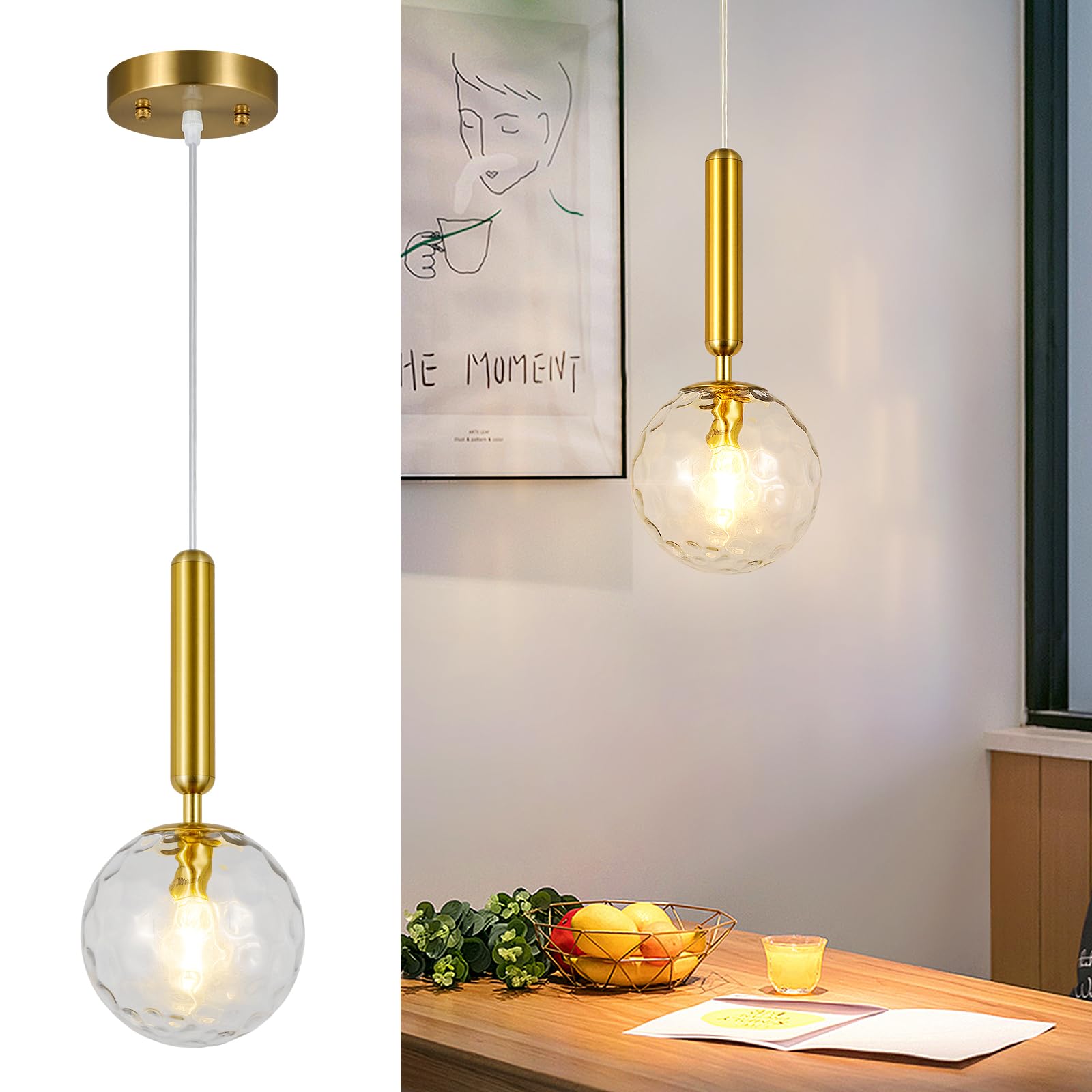 Mid Century Globe Pendant Light with Clear Glass for Kitchen Island Modern Gold Finish Hanging Light Fixture Retro Round Pendant Lighting for Living Room Bedroom Entryway(3-Light)