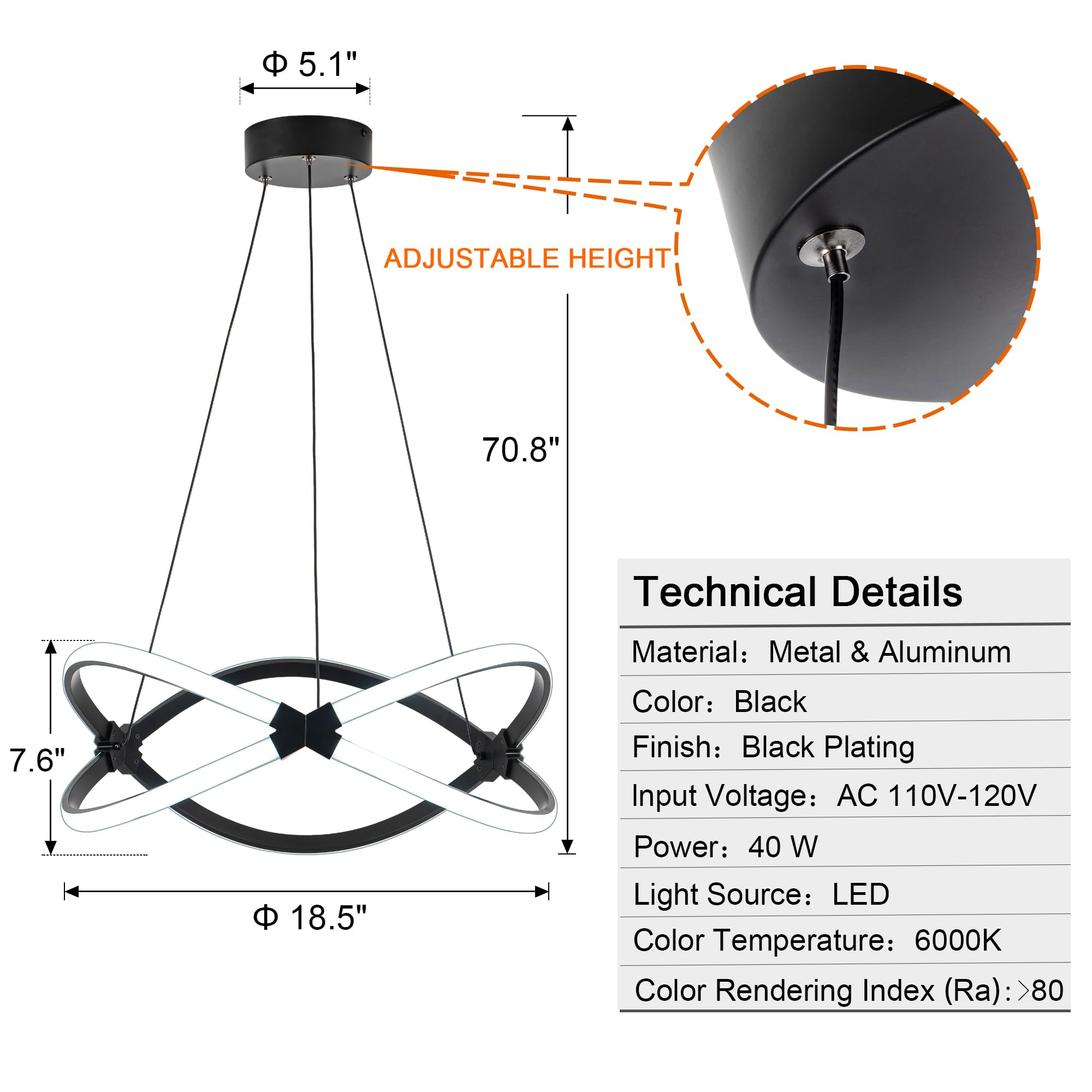 Modern LED Chandelier, Black Pendant Light, Adjustable Height Chandeliers with Circular Ring Shape, Modern Chandeliers for Dining Room Kitchen Island Living Room Bedroom, 6000K Daylight