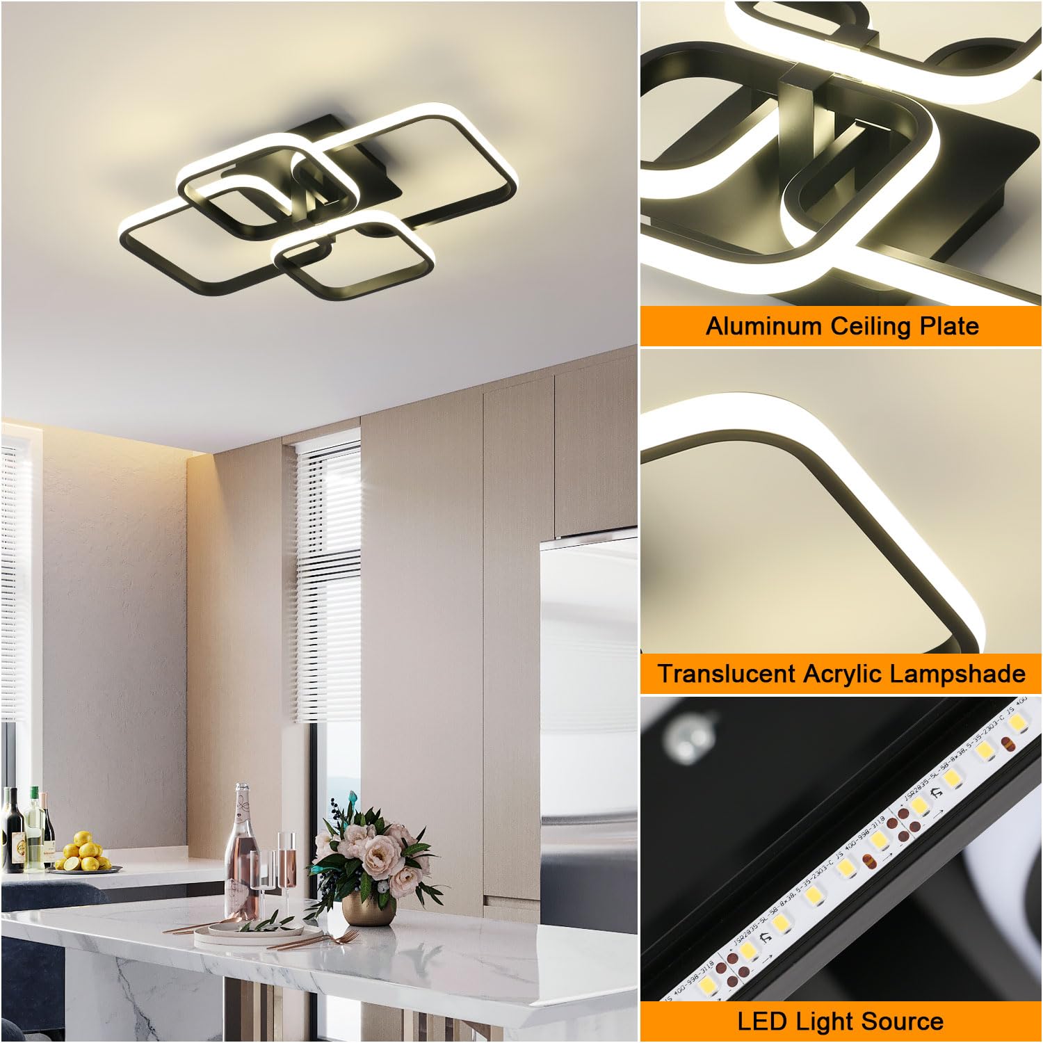 Modern LED Ceiling Light - 60W 4500K Black Semi Flush Mount Ceiling Light Fixtures, 4-Square Design Ceiling Lamp for Living Room, Kitchen, Bedroom, Dining Room