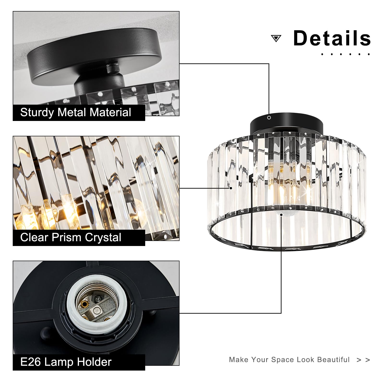 Modern Gold Semi Flush Mount Ceiling Light Crystal Hallway Light Fixture Metal Close to Ceiling Lamp for Kitchen Living Room Bathroom Entryway Bedroom