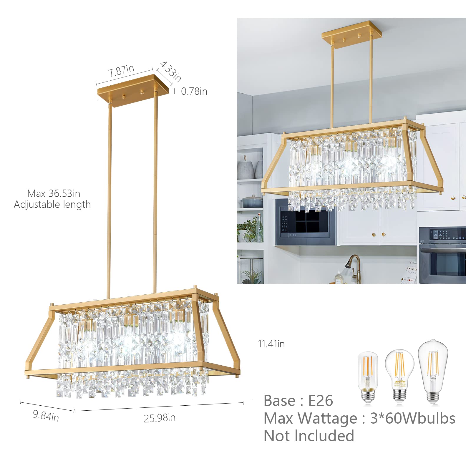 4-Light Dining Room Light Fixture 11.81 inch Square Lndustrial Farmhouse Chandelier Gold Metal Crystal Pendant Light for Kitchen Island Dining Room Living Room Flat and Inclined Ceiling