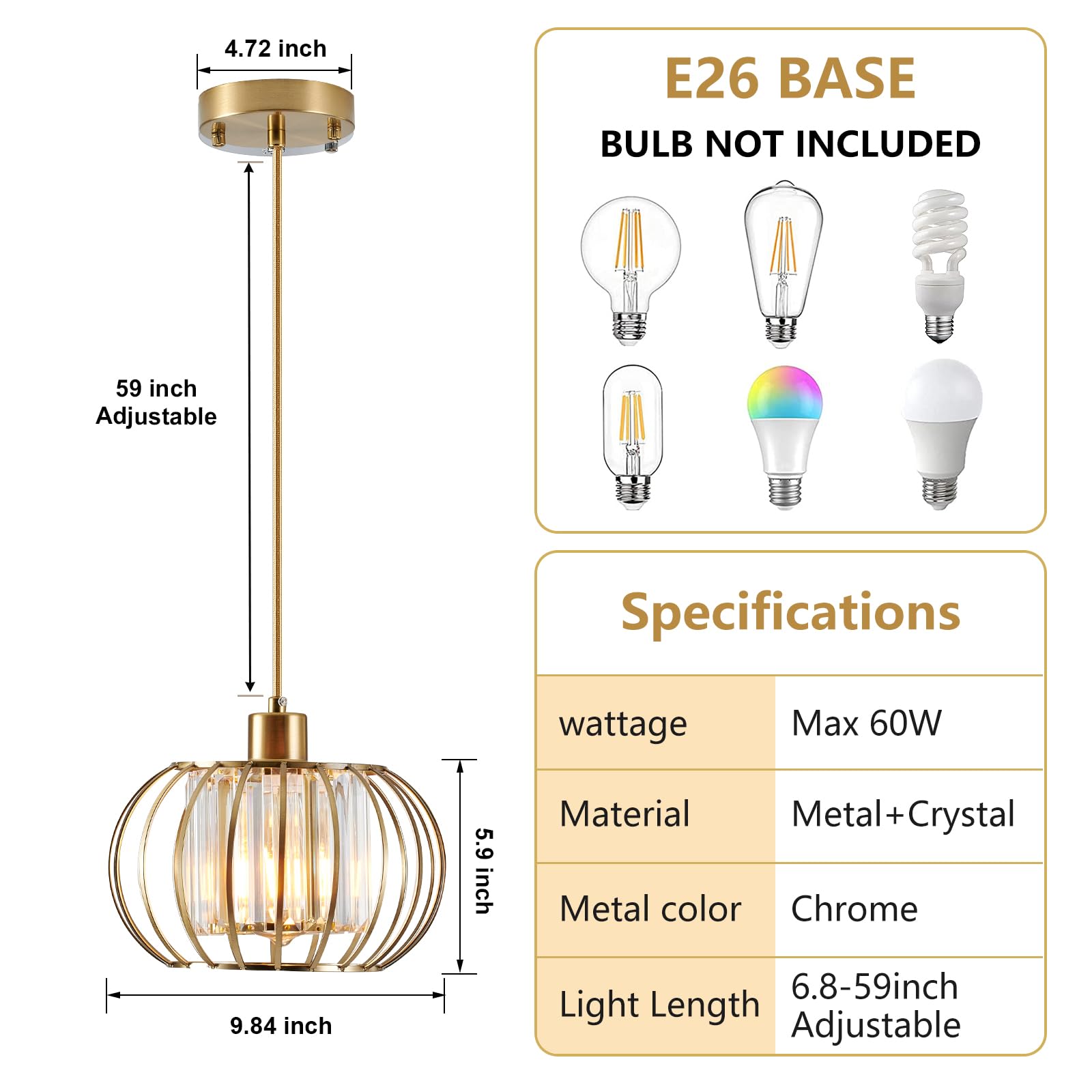 Gold Pendant Light Fixture, Modern Crystal Pendant Lights Kitchen Island, 1-Light Farmhouse Mini Chandelier, Adjustable Brass Hanging Light Fixture for Hallway, Bedroom, Dining Room