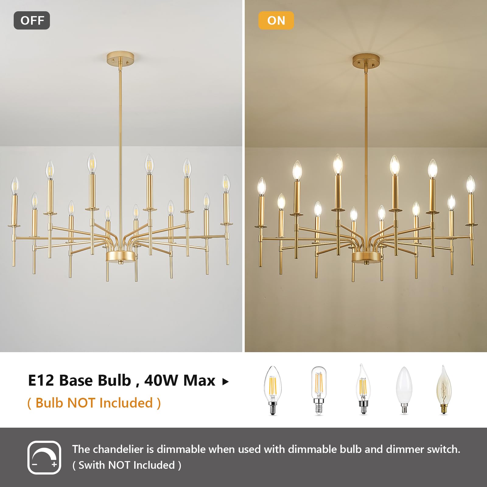 12-Light Gold Chandelier Light Fixture, Modern Farmhouse Chandelier Dining Room Light Fixture Over Table, Metal Candle Chandeliers for High Ceiling Staircase Living Room Foyer Entryway Bedroom