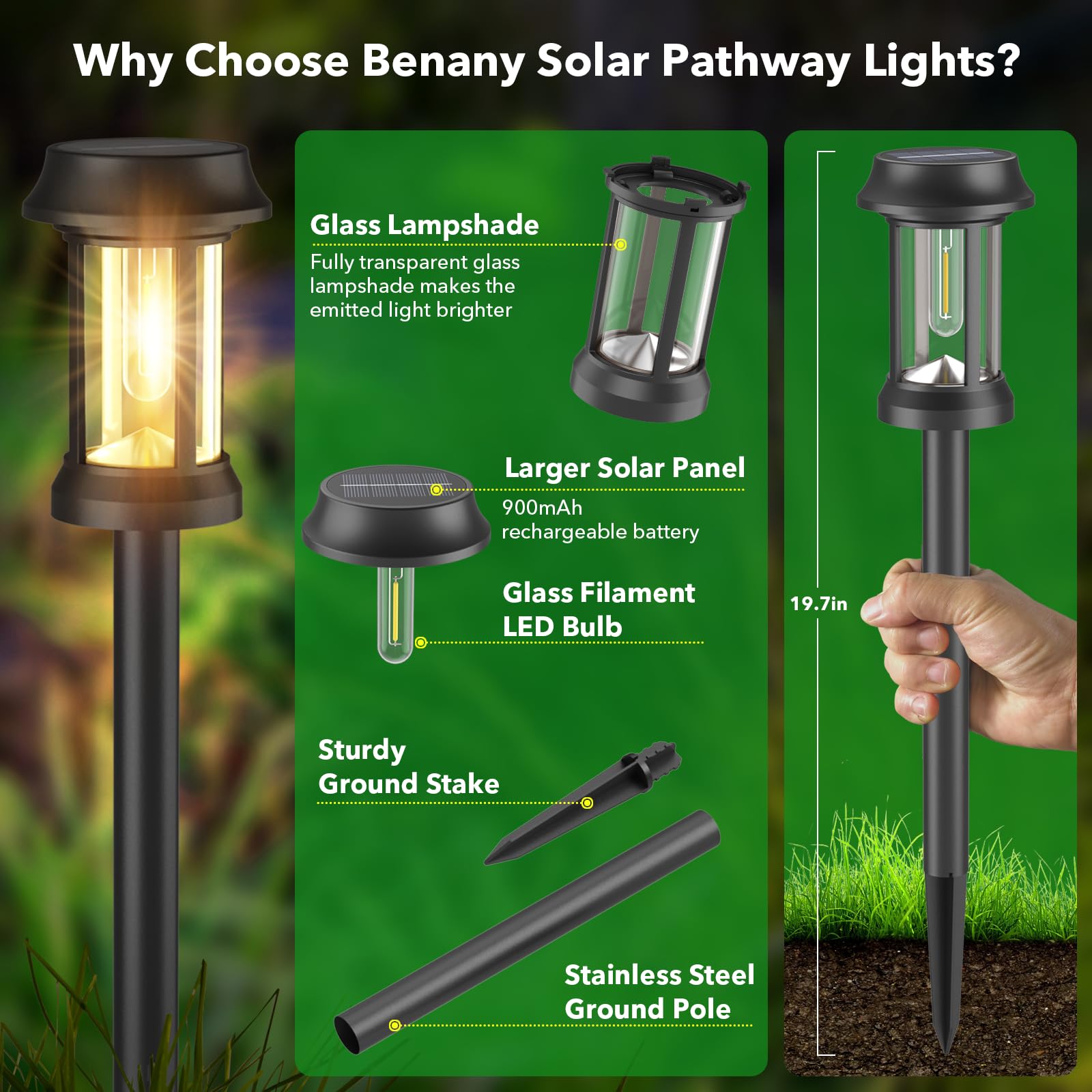 Solar Pathway Lights Outdoor, 8 Pack Solar Lights Outdoor, Glass & Metal Solar Powered Outdoor Lights Maintain 10 Hours of Lighting for Outside Garden Yard Driveway Path Landscape Decor (Black)