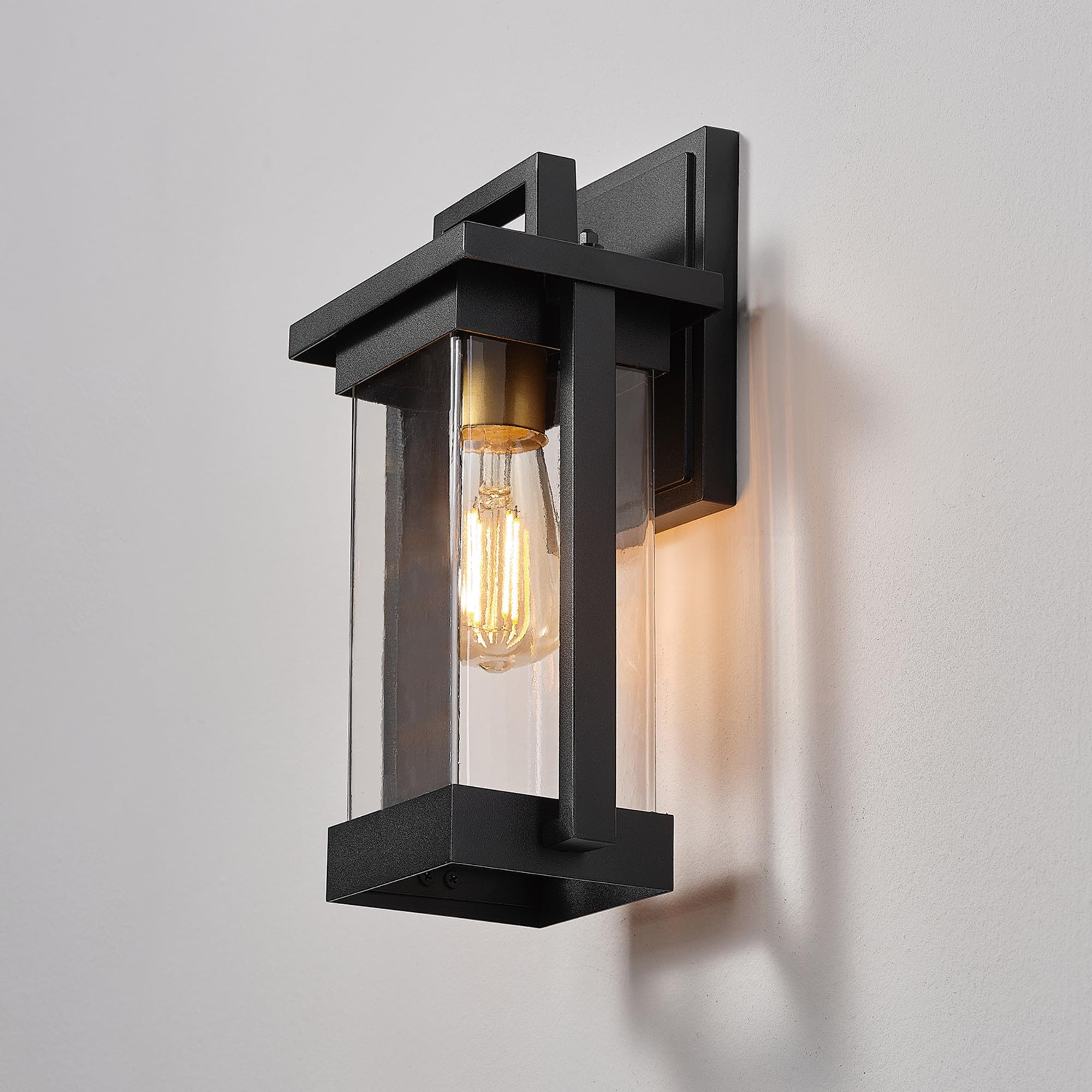 1-Light Outdoor Wall Sconce, Matte Black, Brass Accent, Clear Seeded Glass Shade, Outdoor Lighting Modern, Front Porch Décor, Outdoor Light Fixture, E26 Bulb, Patio Decor