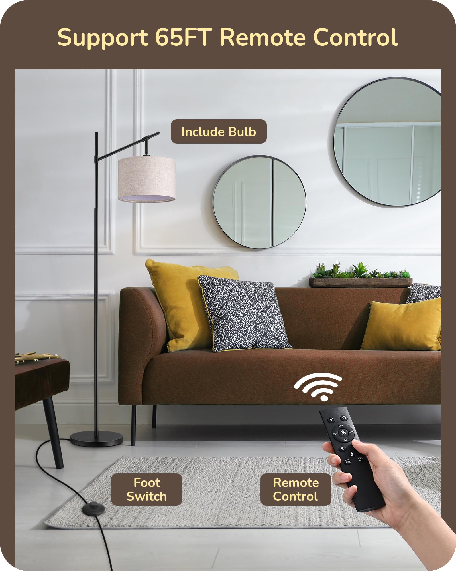 Modern Dimmable Floor Lamp, 63.8" Standing Lamp with Remote Control, E26 Socket, ACR Floor Lamp with Beige Shade for Bedroom, Living Room, Office, LED Bulb Included (Black)