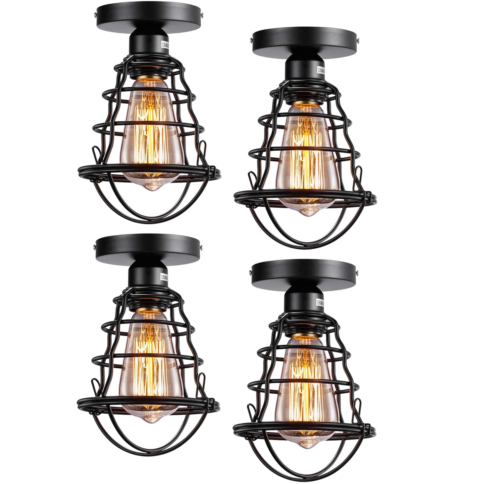 Vintage Semi Flush Mount Ceiling Light, Industrial Black Metal Cage Farmhouse Ceiling Light Fixture for Hallway Porch Stairway Bedroom Kitchen 2 Pack, E26 Base, UL Listed