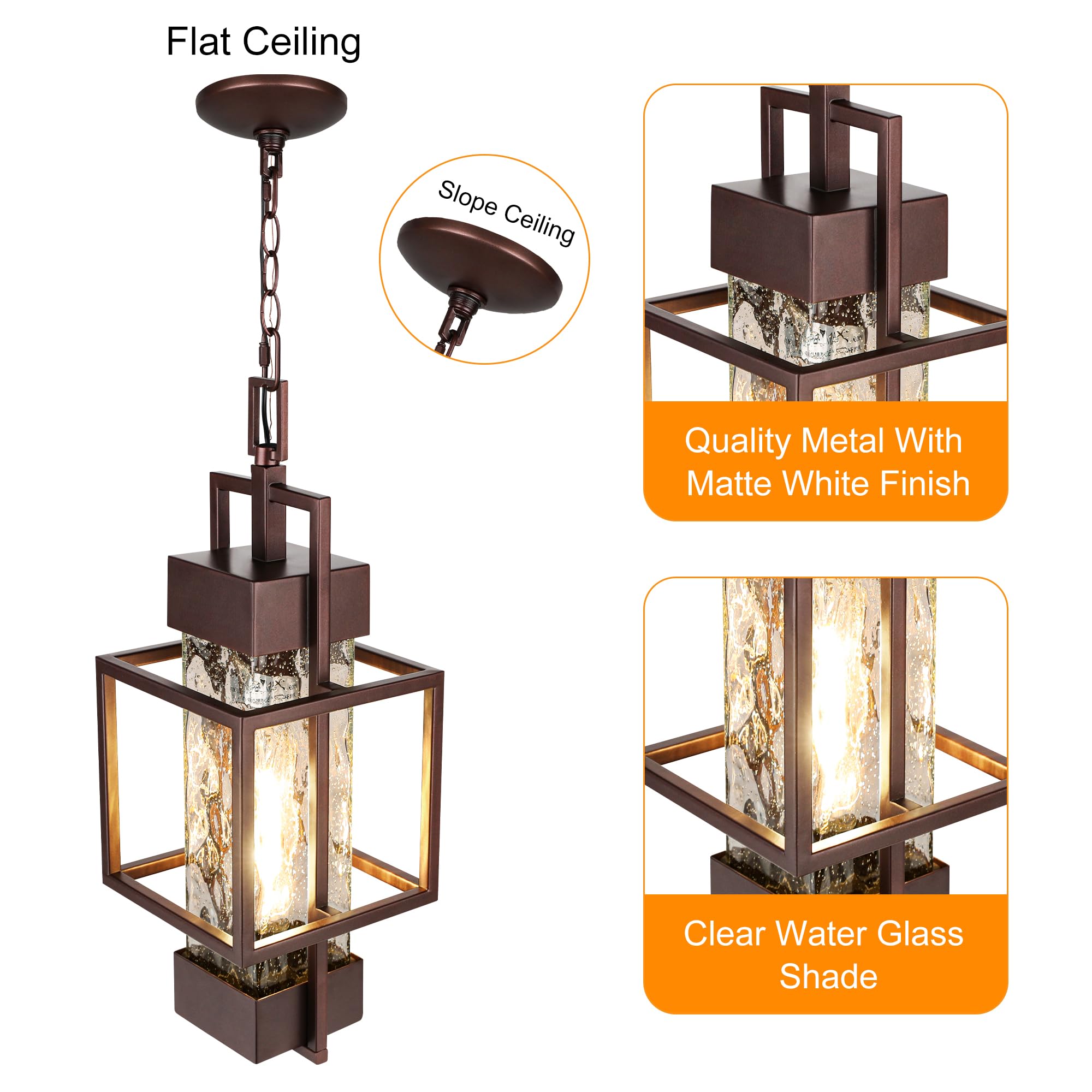 15" Outdoor Indoor Pendant Light Exterior Hanging Lantern, Modern Metal Outside Chandelier Light Fixture Ceiling Mount with Water Glass for Front Porch Entrance Foyer Entryway, Oil Rubbed Bronze