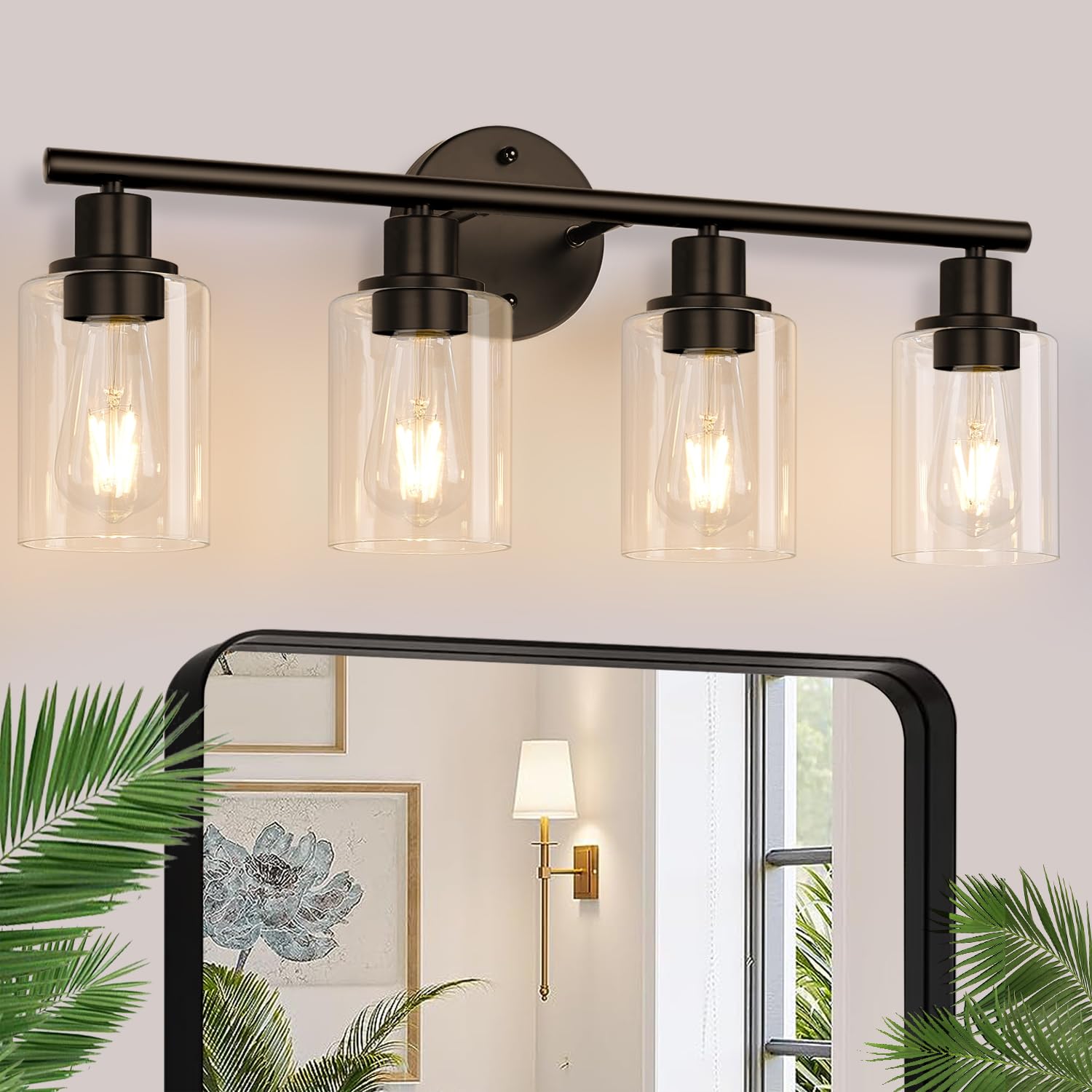 3-Light Bathroom Light Fixtures, Black Modern Vanity Lights with Clear Glass Shade, Bathroom Wall Lamp for Mirror Kitchen Living Room Hallway Cabinet Porch