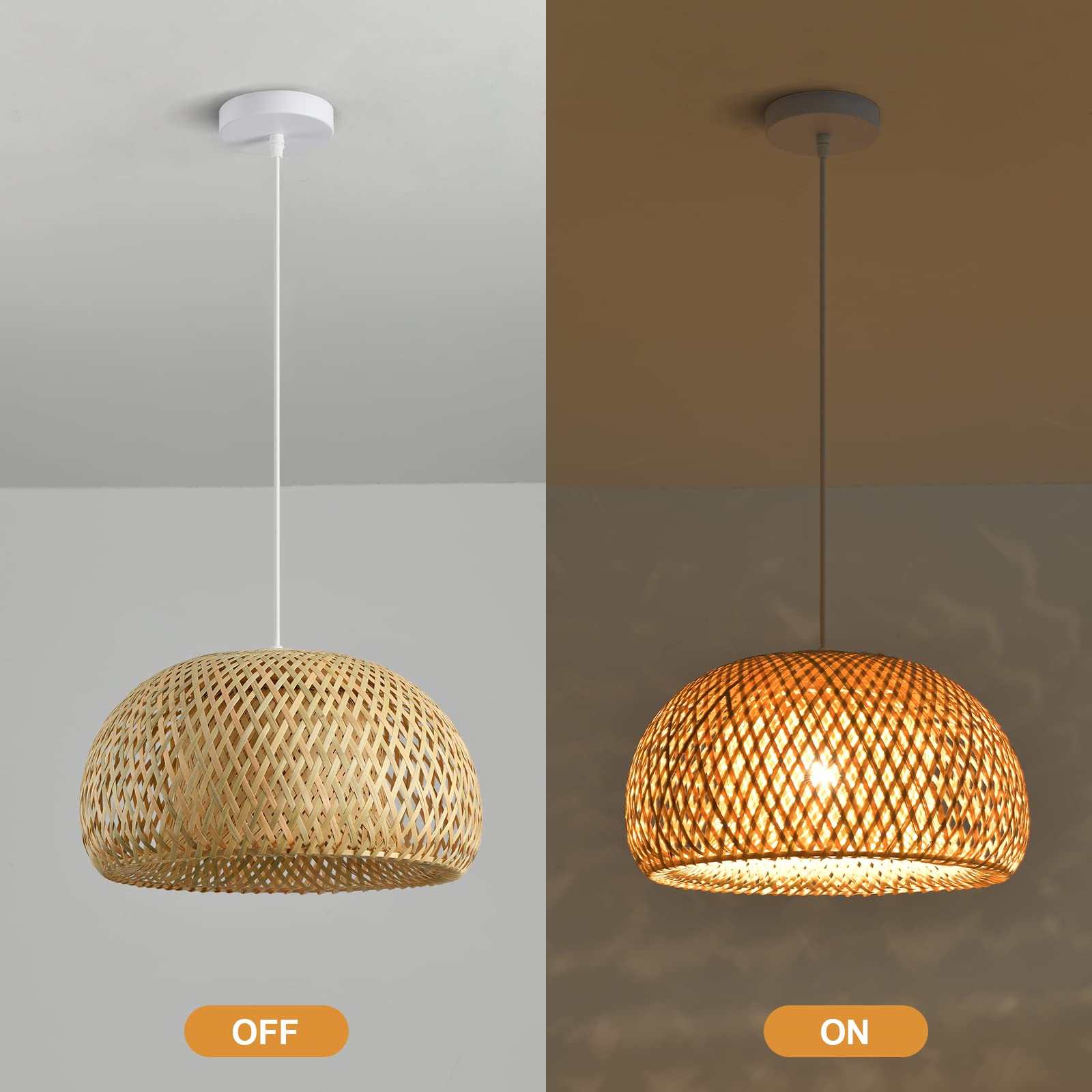 Boho Bamboo Pendant Light, 23.64in Bohemian Hand-Woven Rattan Chandelier Coastal Wicker Lighting Fixtures Hanging Lamp for Kitchen Island Dining Living Room Restaurants Bedroom