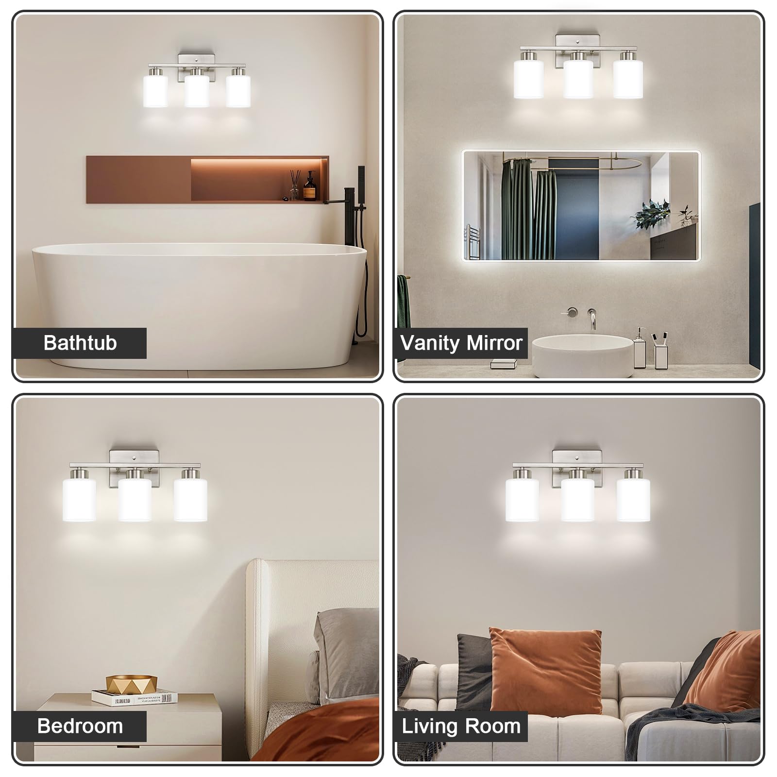 Brushed Nickel Bathroom Light Fixtures, 3-Light Modern Vanity Light Over Mirror, Wall Sconces with Milky White Frosted Glass Shades, E26 Socket (Bulbs Not Included)