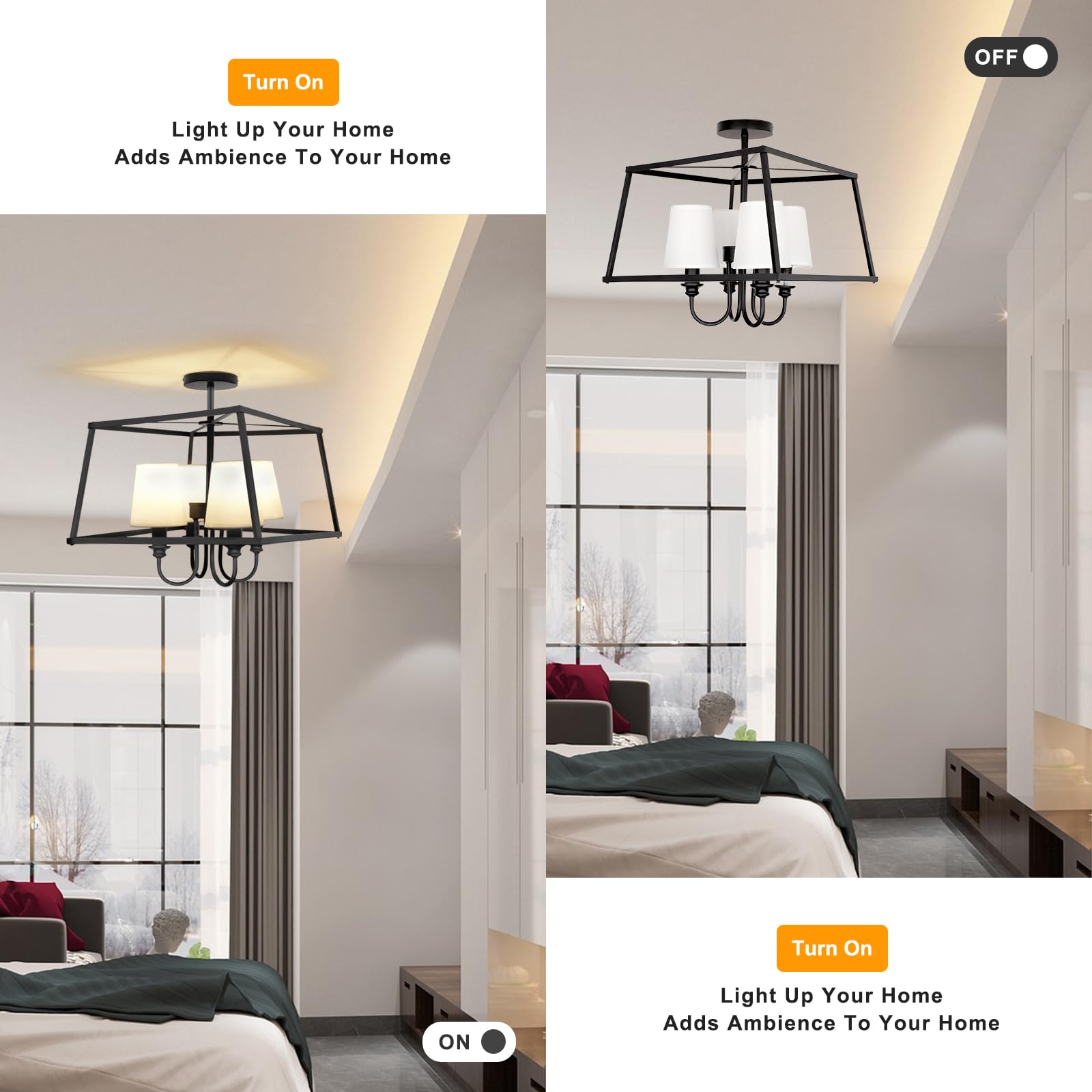 4 Light Semi Flush Mount Ceiling Light 15.7 Inches Light Fixture with Metal Frame Fabric Shade Modern Ceiling Light for Living Room Bedroom Kitchen Dining Room Entryway Hallway