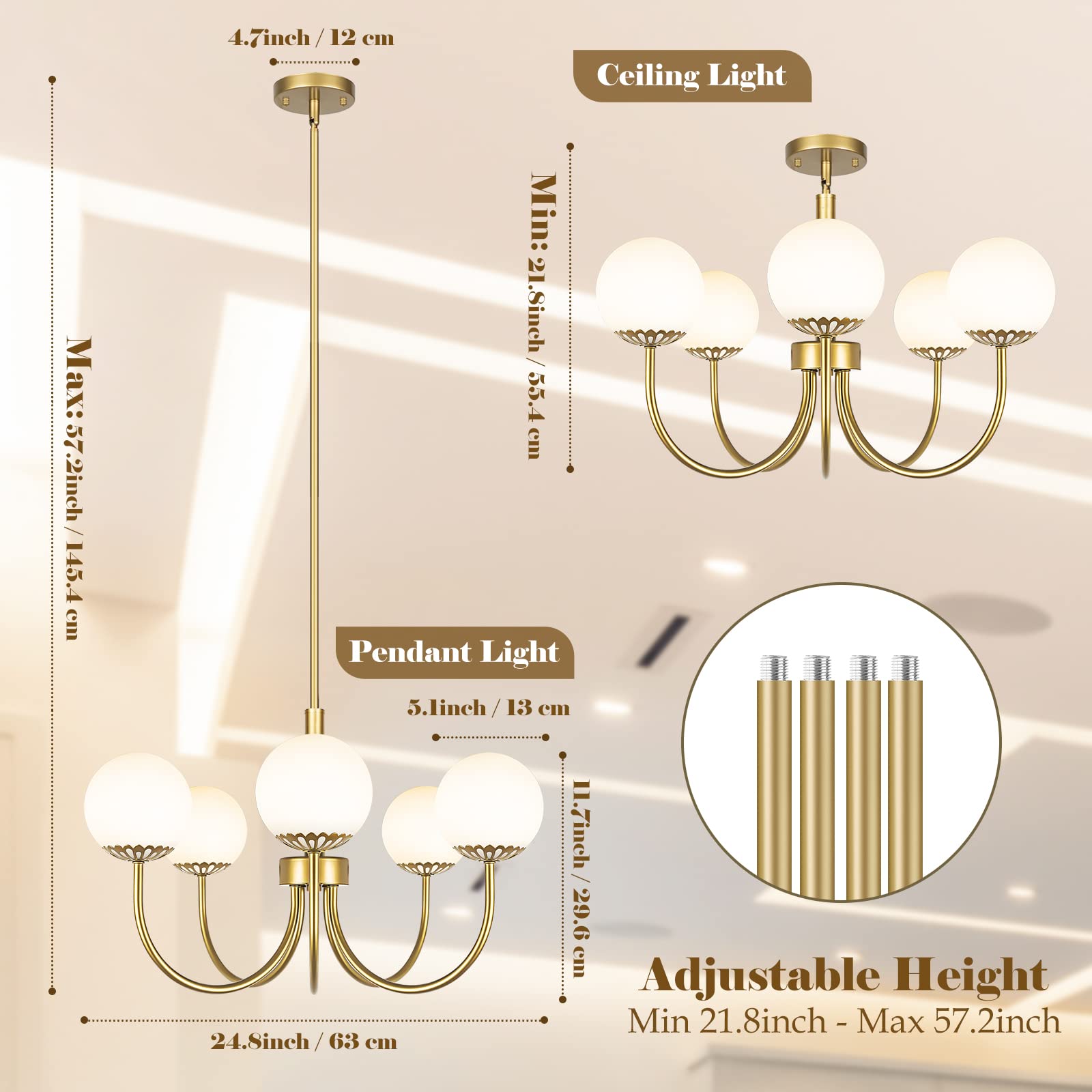 5-Light Gold Chandelier, Globe Modern Sputnik Light Fixture with Frosted Glass, Vintage Semi-Flush Mount Ceiling Light for Dining Room, Large Pendant Lighting for Kitchen Living Room Bedroom