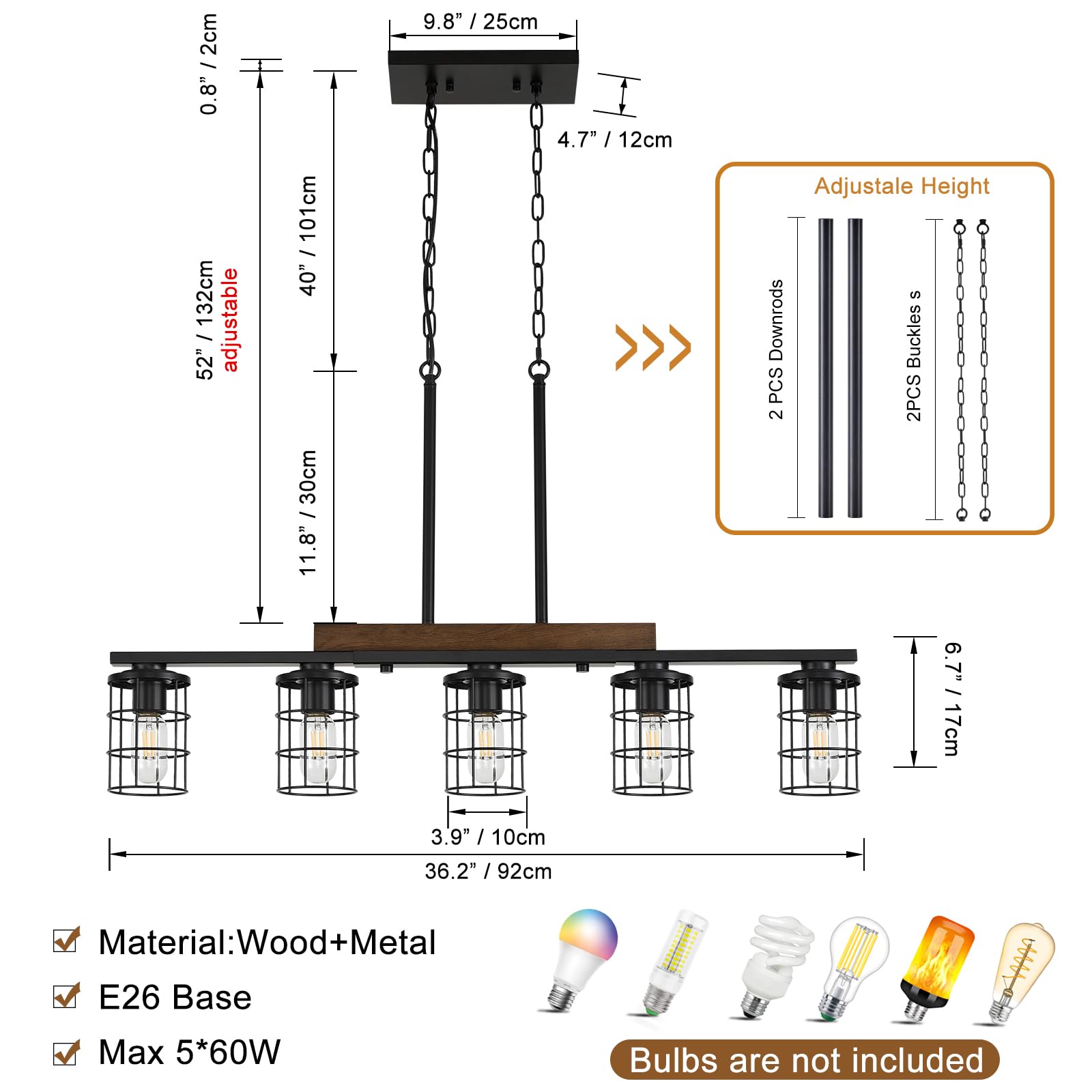 Dining Room Light Fixture/Chandelier Over Table, 36.2-Inch Hanging for Farmhouse Linear Chandeliers,5-Light Kitchen Island Lighting, Black Rustic Wooden Ceiling Chandelier,with metal lampshade