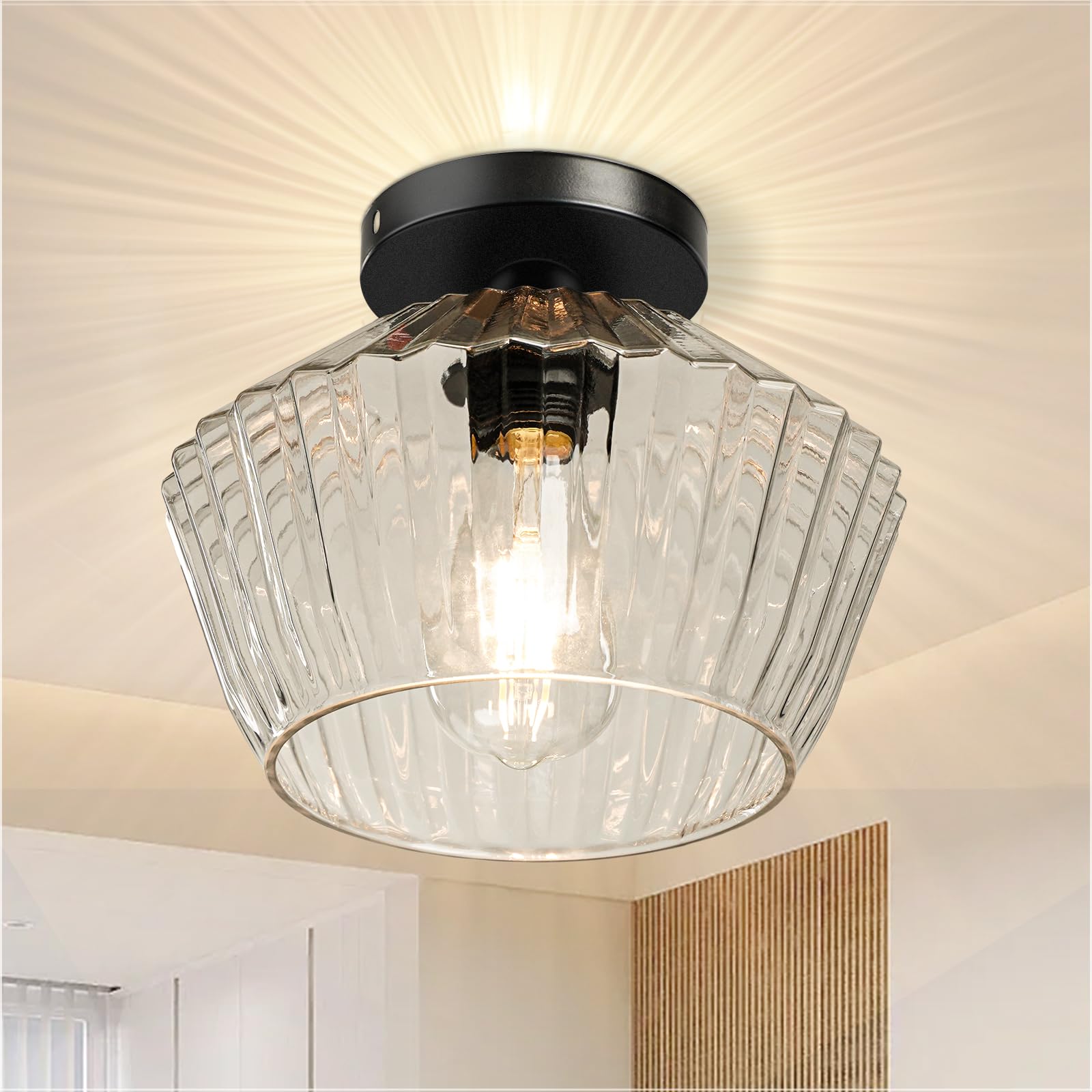 Semi Flush Mount Ceiling Light - Glass Ceiling Light Fixture Black Hallway Light Fixtures Modern Light Fixtures Ceiling for Bedroom Bathroom Entryway Kitchen Porch