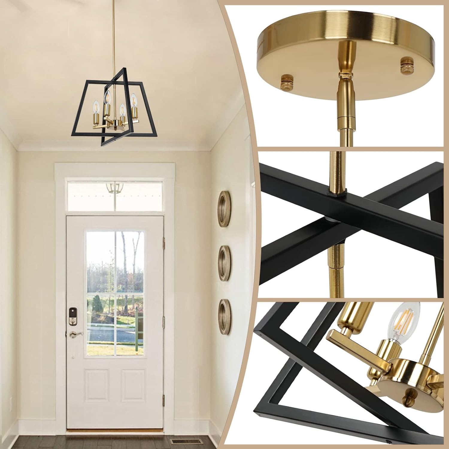 Black Brass Farmhouse Lantern Chandelier, Gold Modern Industrial Bird Cage Foyer Pendant Light, 4- Light Rustic Hanging Lighting Fixture for Kitchen Island, Dining Room, Entryway, Hallway